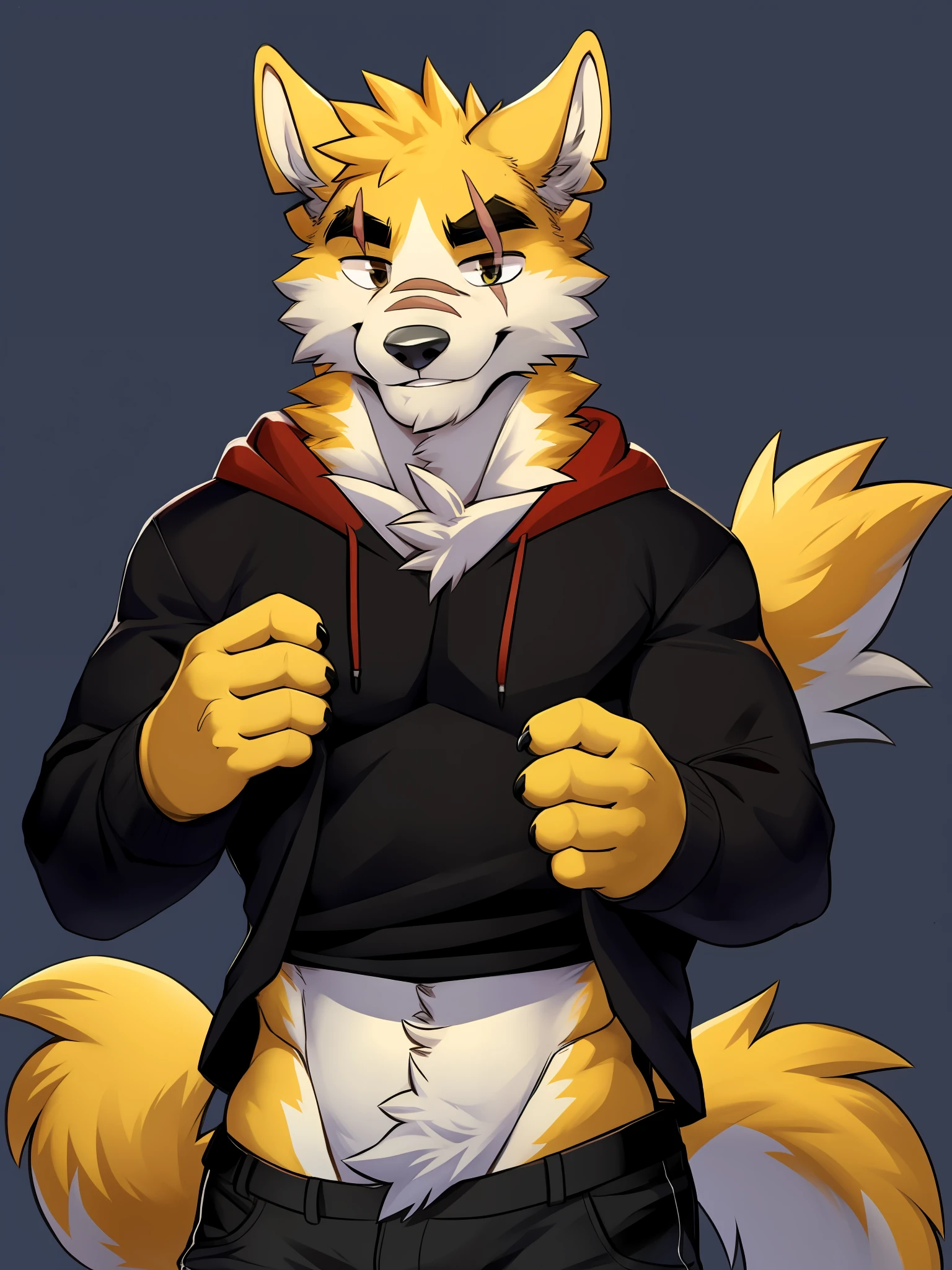 tmasterpiece， Best quality at best， nj5furry，shaggy male， 1boys， hairy pubic， malefocus， 独奏， Animal ear， formal， Wolf ears， Wolf Boy， ssmile，
White fur，Yellow fur，Brown fur，two tone fur，黑The eye，black shirt，Red hood，black   hoodie，Thick eyebrows，coda，A scar on the eyebrows，Yellow ears，
（（full bodyesbian，）），
author：Chunni