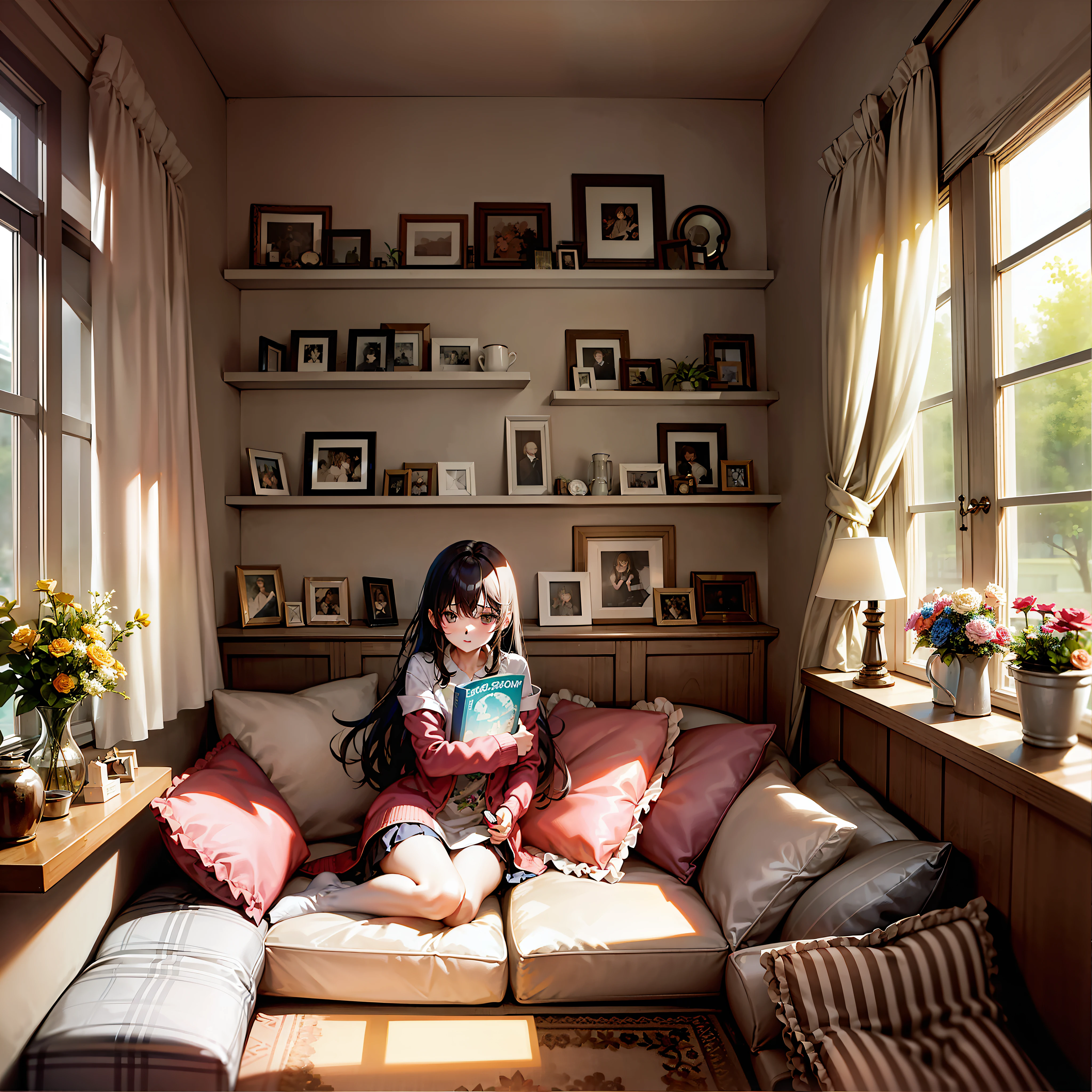 The girl sits on a soft and comfortable sofa，Leaning against soft cushions，She holds a favorite book or a cup of hot tea。Sunlight shone on her through the window，Reflects the soft glow of her skin。Her room was warmly furnished and tidy，On the table was a bouquet of flowers and some beloved decorations，Added to the warm atmosphere of home。