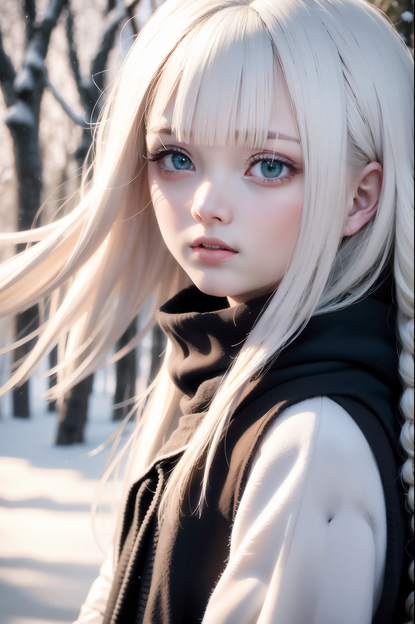 best qualtiy, tmasterpiece, White hair, eBlue eyes, A girl, exteriors, The upper part of the body, Realistis,Floating hair, Snowy,,Detailed face, winter, Green trees, Sunshine