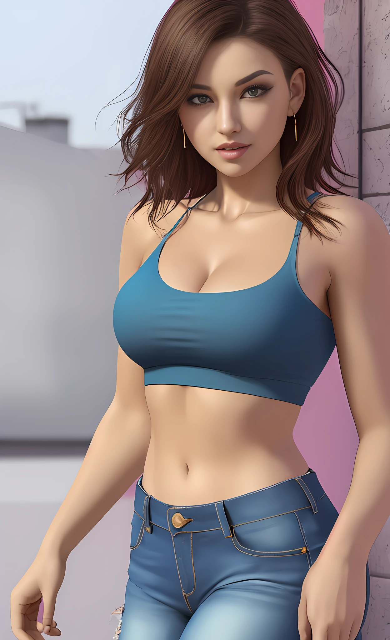 arafed woman in blue top and jeans posing for a picture, perfecr face, face, realistic shaded perfect body, photorealistic perfect body, physical : tinyest midriff ever, blue eyes, wearing a sexy cropped top, sport bra and dark blue shorts, semi - realistic render, medium lenght hair, perfectly shaded body, tinyest midriff ever, thin waist, realistic clothing, thin-waist