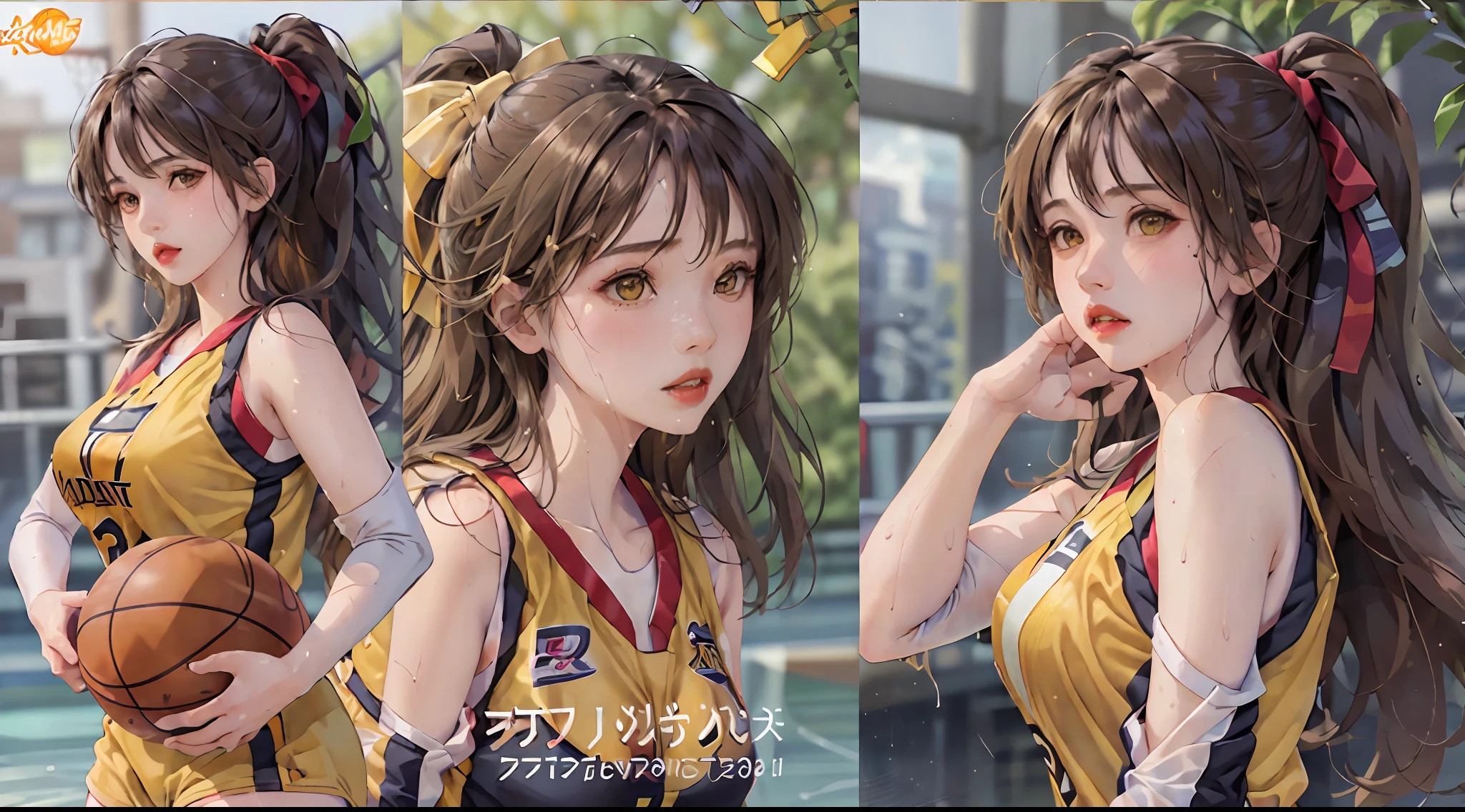 Masterpiece: 1.2, best quality), realistic, (real picture, rich details details, depth of field), (1girl, solo), makeup, cleft lip, high detail, perfect face shape, (???????????: 1.4), (?????????????), thick thighs, wide ????????, Thin waist, tall, coral, red lips, red eyes, ponytail, (((((basketball girl, transparent yellow basketball suit)))), (sweat: 1.2), (wet), ????, blush, sweaty
