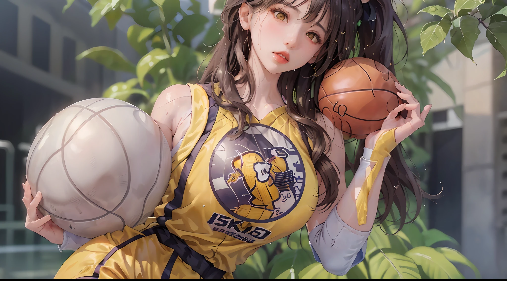 Masterpiece: 1.2, best quality), realistic, (real picture, rich details details, depth of field), (1girl, solo), makeup, cleft lip, high detail, perfect face shape, (big breasts: 1.4), (skindentation), thick thighs, wide buttocks, Thin waist, tall, coral, red lips, red eyes, ponytail, (((((basketball girl, transparent yellow basketball suit)))), (sweat: 1.2), (wet), sexy, blush, sweaty
