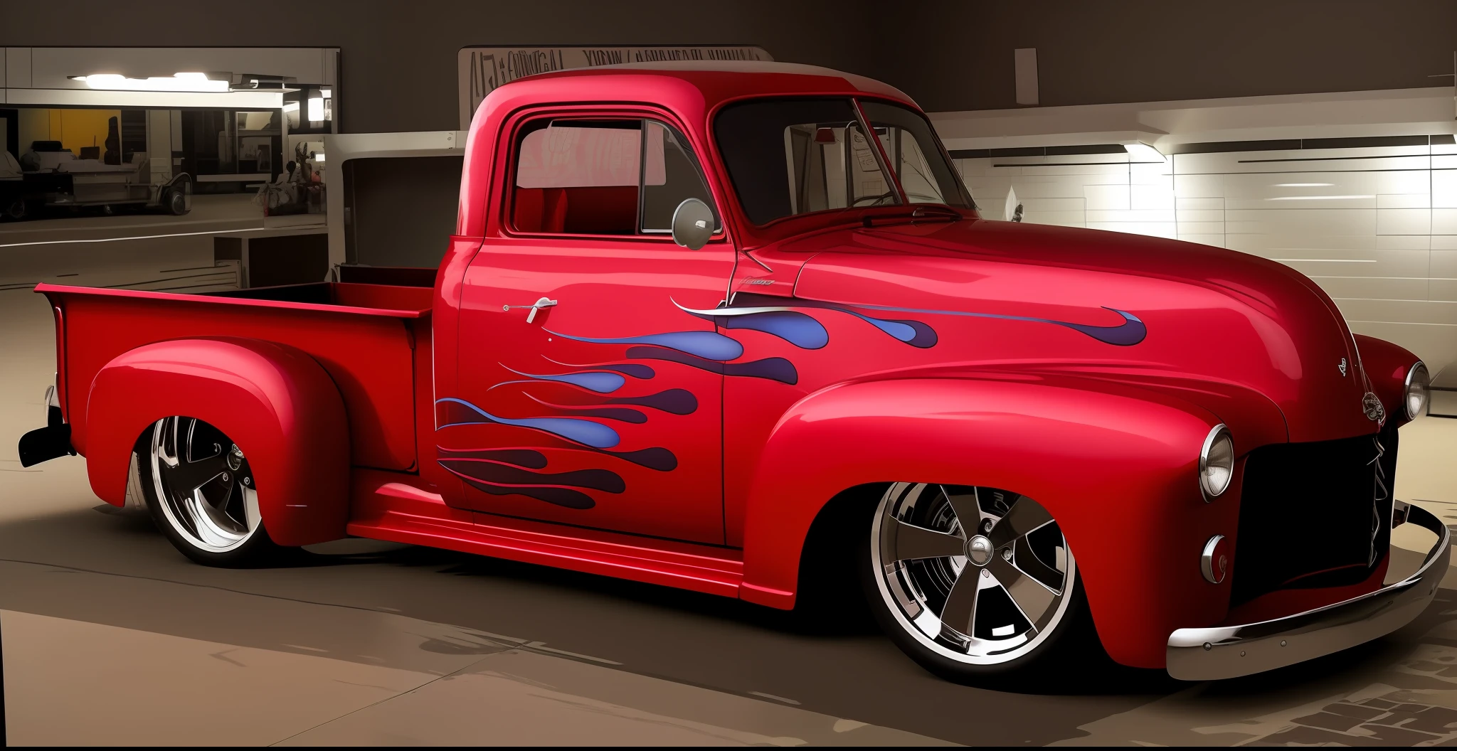 There's a red truck with flames on the side, chamas vermelhas, estilo lowrider, Chamas, hotrods dirigindo por uma rua, Corpo largo, Swagger! cultura lowrider, chicano airbrush art, grandes chamas, vermelho quente, classic cars, classic chrome, trabalhos de pintura profissional, foto de perfil, Restomod, a full-color airbrushed, fotorrealista, ultra-detalhado, studio lighting, 4k