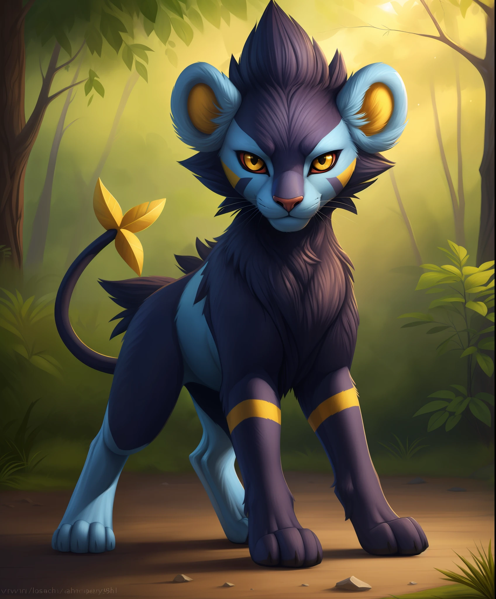 luxray, yellow eyes, red sclera, (pose:1.3), (posing:1.3), (soft shading), 4k, hi res, ((detailed face, (detailed eyes:1.0), detailed)), (full body), by zackarry911, by zaush, (by personalami:0.5), feral, tail,