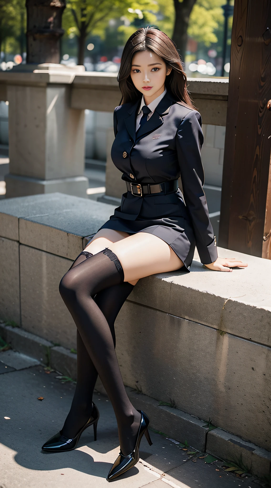 Best quality, full body portrait, delicate face, beautiful face, 25 years old woman, slim figure, large bust, OL uniform, office clothes, black stockings, outdoor scene, sitting position