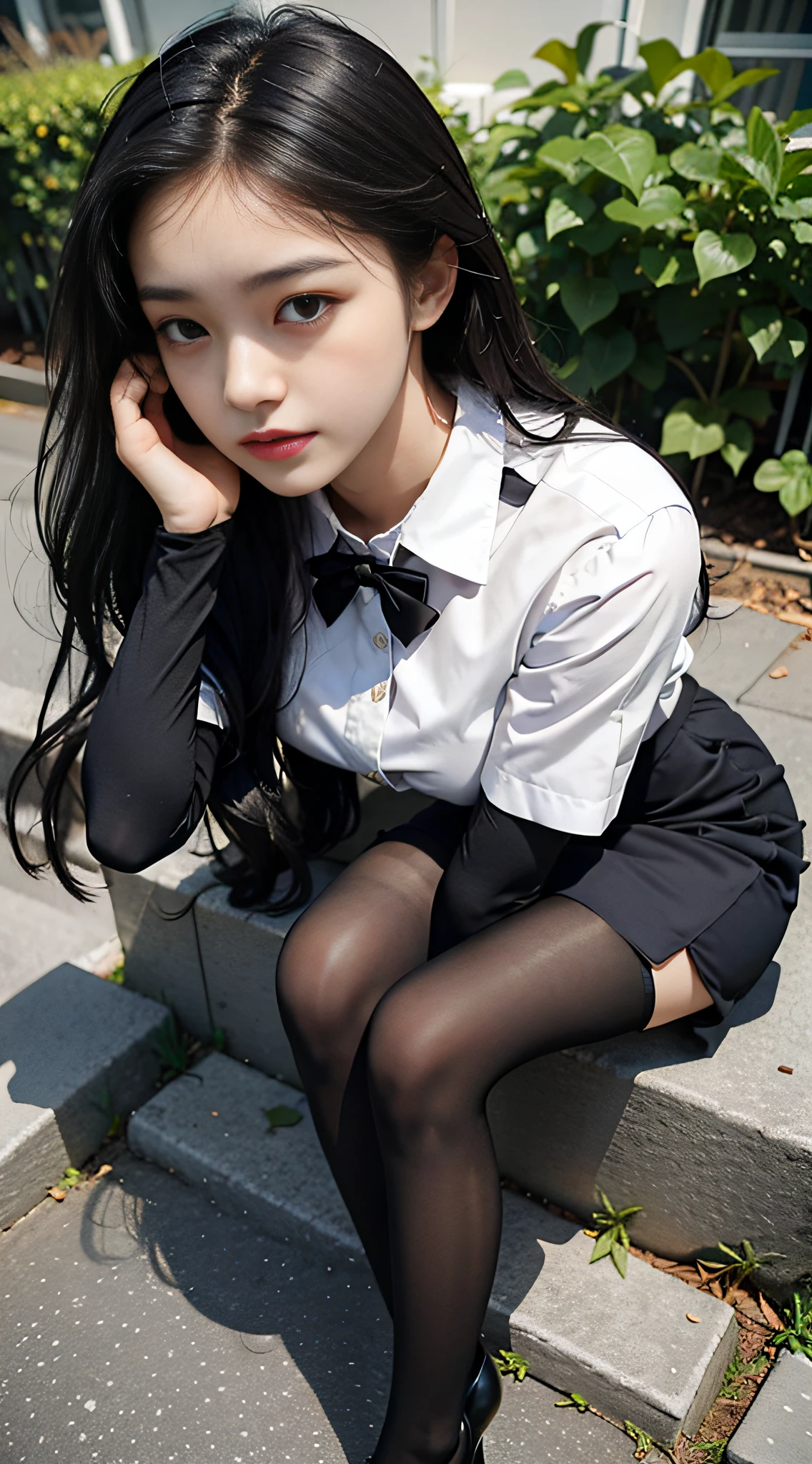 Best quality, full body portrait, delicate face, beautiful face, 25 years old woman, slim figure, large bust, OL uniform, office clothes, black stockings, outdoor scene, sitting position