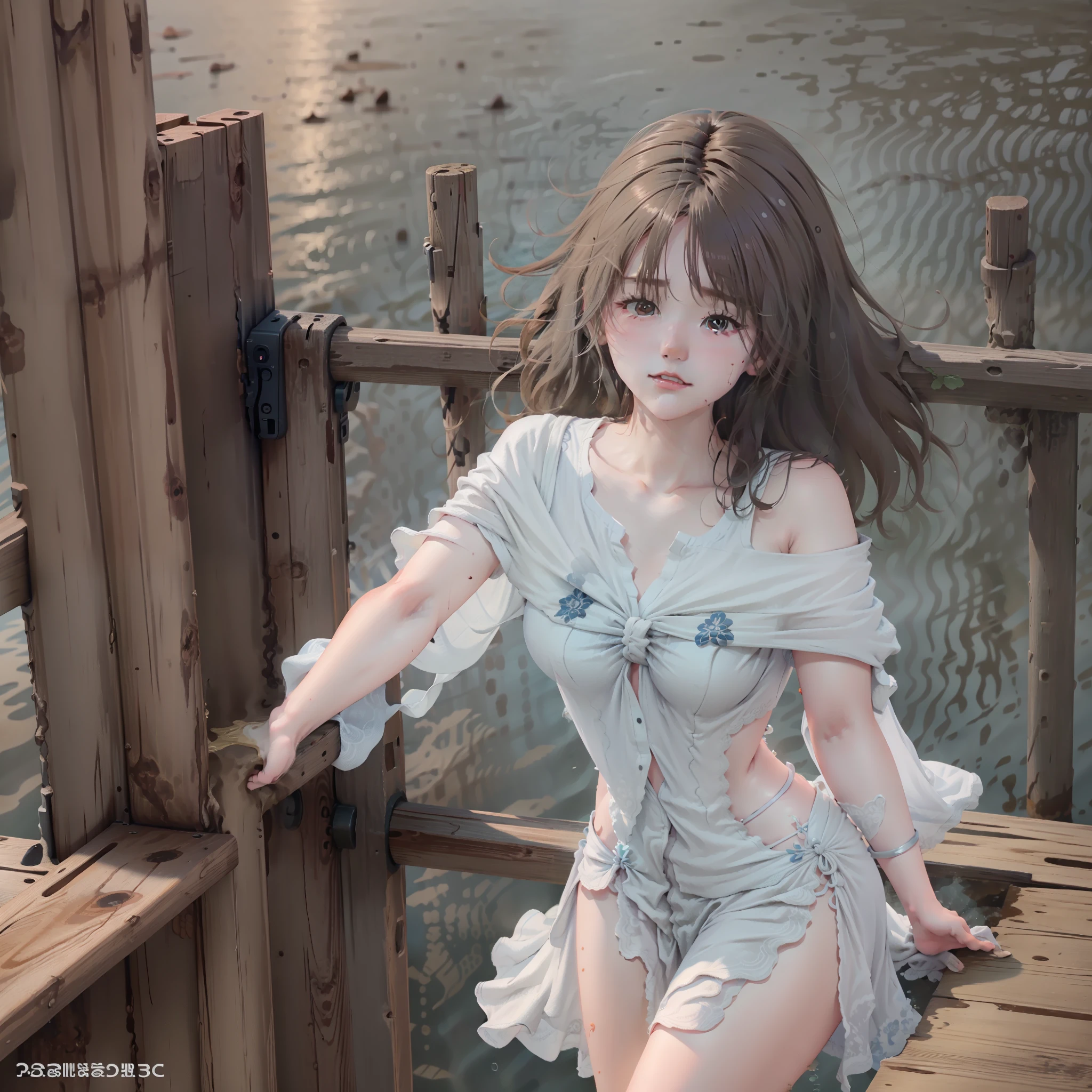 (Best picture quality，Representative Works，Super detailed CG 8K wallpaper) under the water，(On the pier)A(19years old)teens girl，wears a white dress，(Fresh and bright)Blue water，Microwave rippling，A little splash。