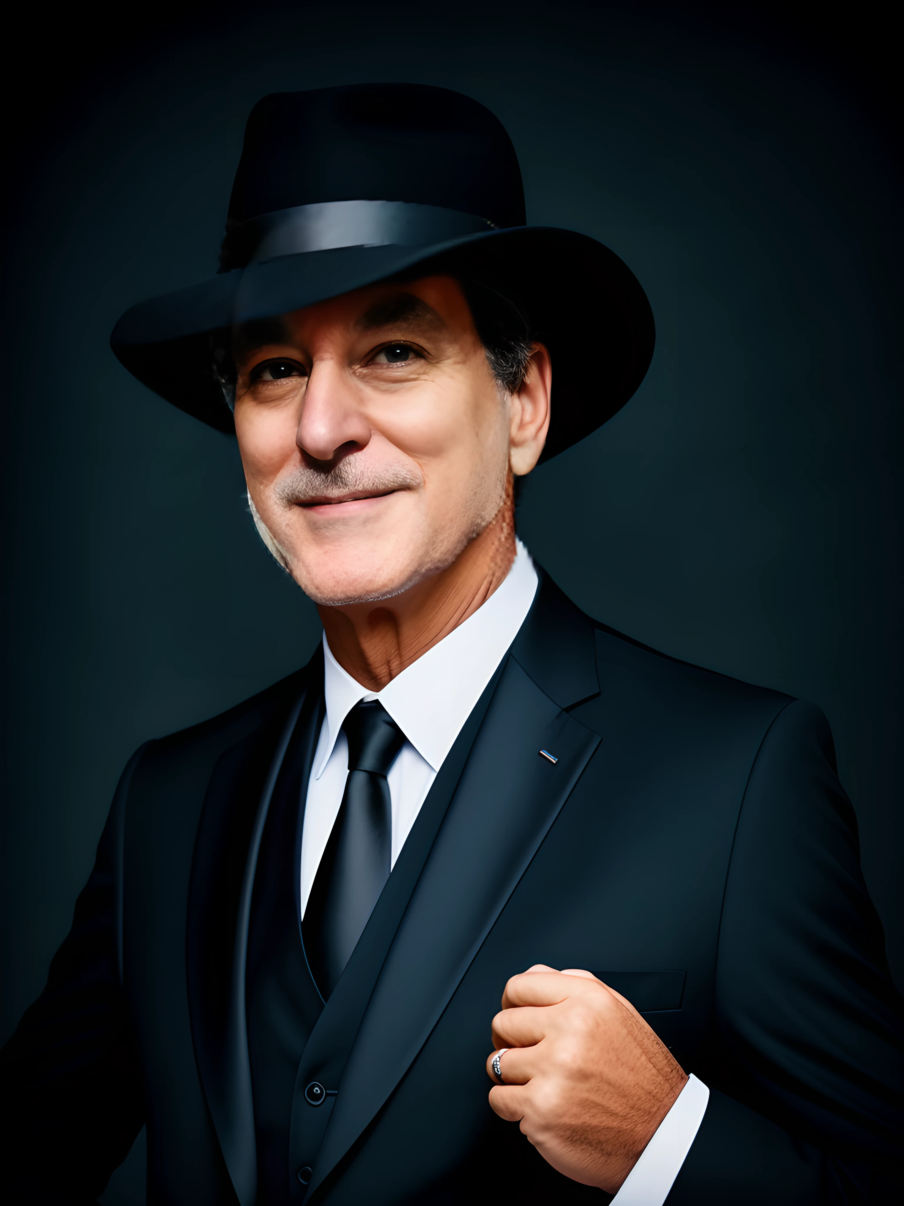 There's a man in a black suit, elegante, 60 anos, jovial, alta resolução