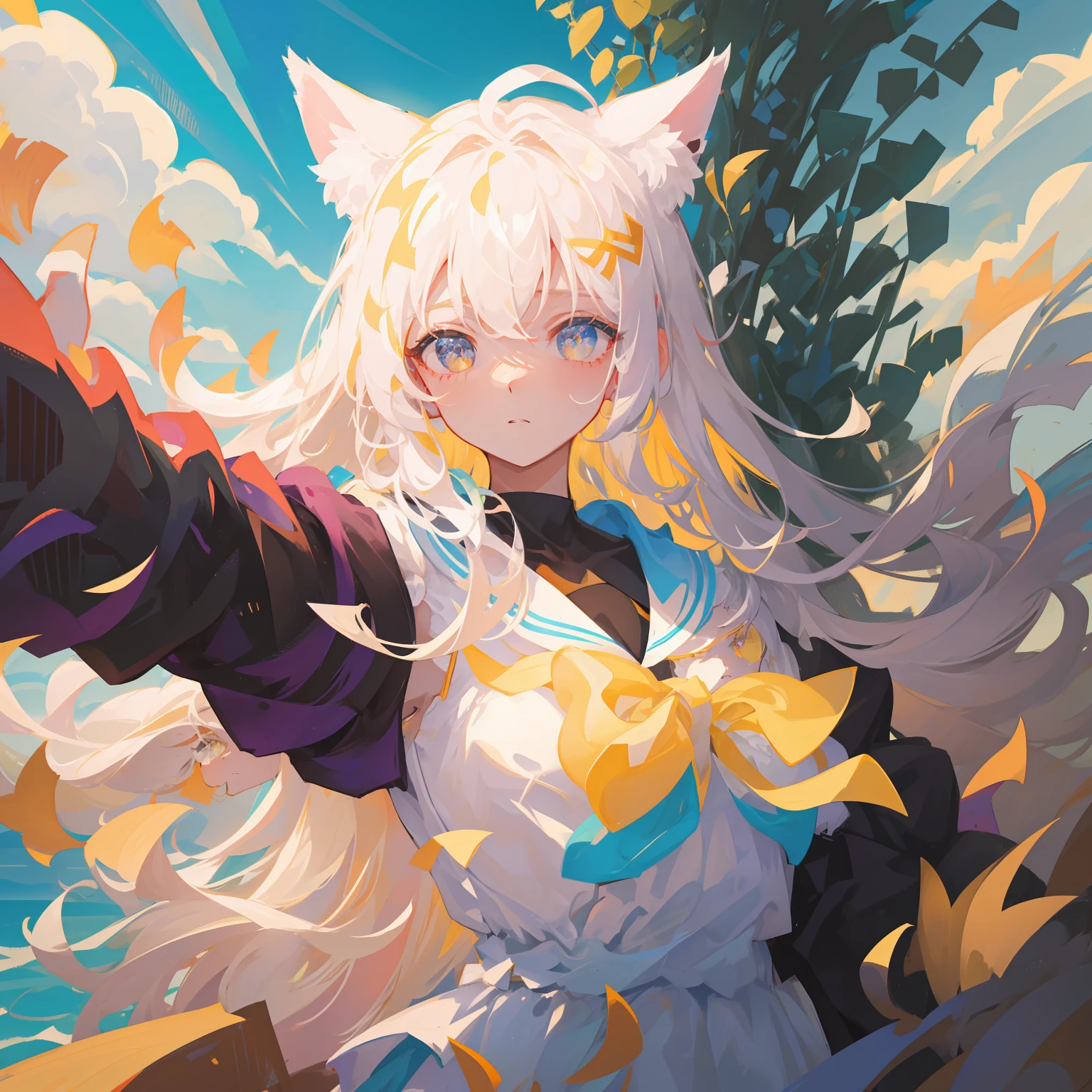 tmasterpiece，Need，Extremely detailed Cg Unity 8K wallpaper，crystal background，long  white hair，Light yellow pupils，one-girl，Lori huge breasts cleavage，cat ear，teens girl，Young，Soft cute，The contrast is cute，Pure desire，Lateral face，Look at the sky，apprehension，flatchest，Drill hair，Idade：16，a sailor suit，sideface，The upper part of the body，ahoge，Gradient hair，The demeanor is indifferent，adolable