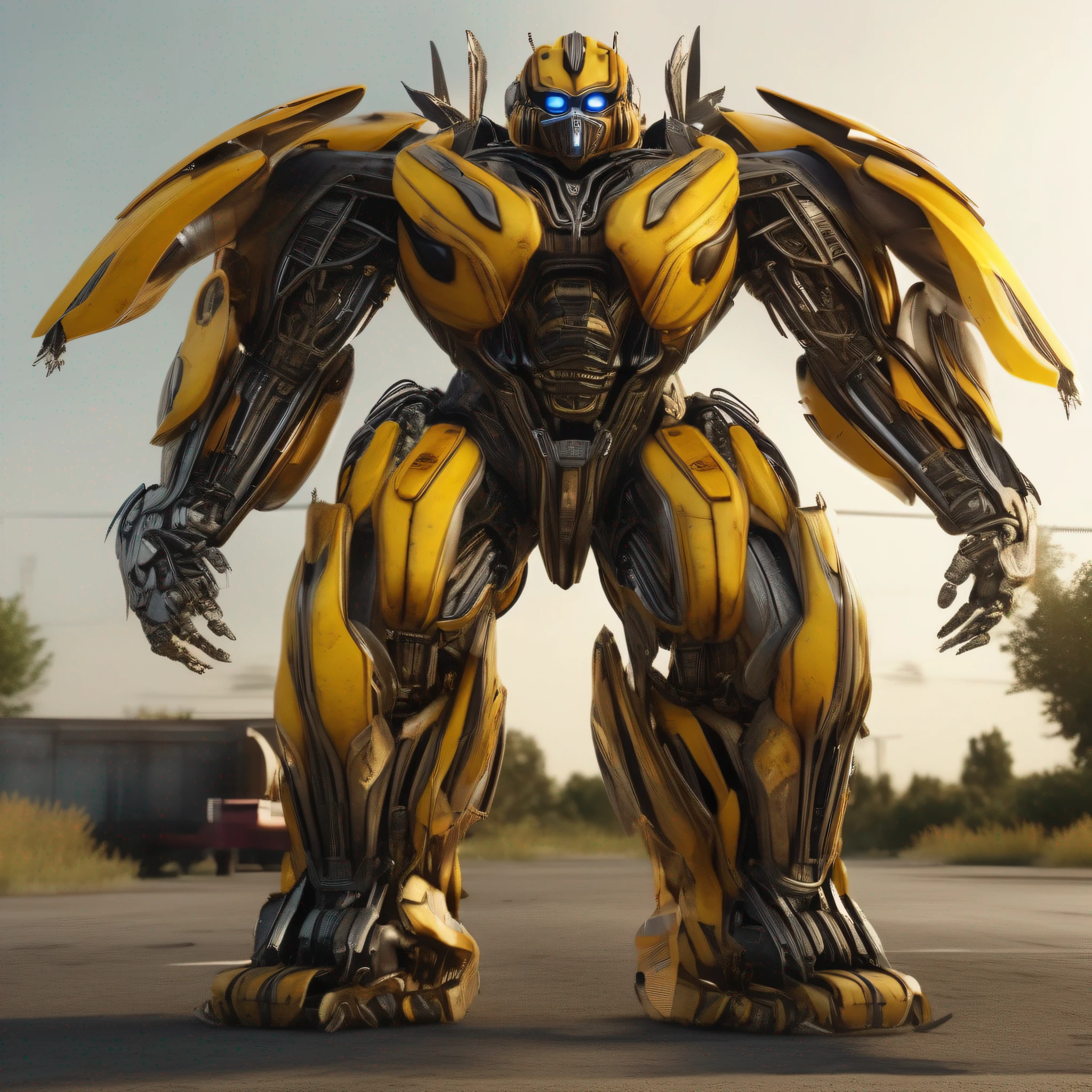 a full body transformer bumblebee , intrinsic details, masterpiece, hyper realistic , hd , 8k