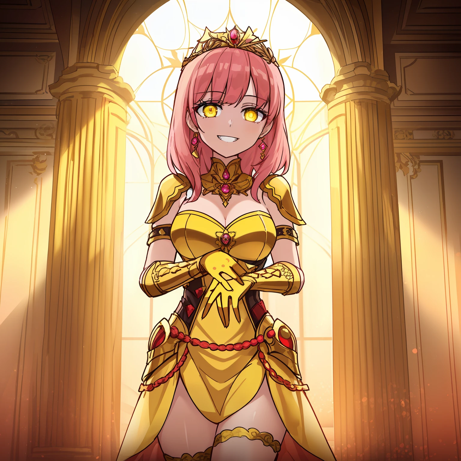 ((Adepta Sororitas, best quality, masterpiece, ultra-detailed, absurdress)), 1girl, (solo:1.4), armor, pink hair, indoors, from above, looking at viewer, birthday, ((amber eyes, yellow eye, glowing eyes)), grin, smile, indoor, lighting, volumetric lighting, semi-realistic