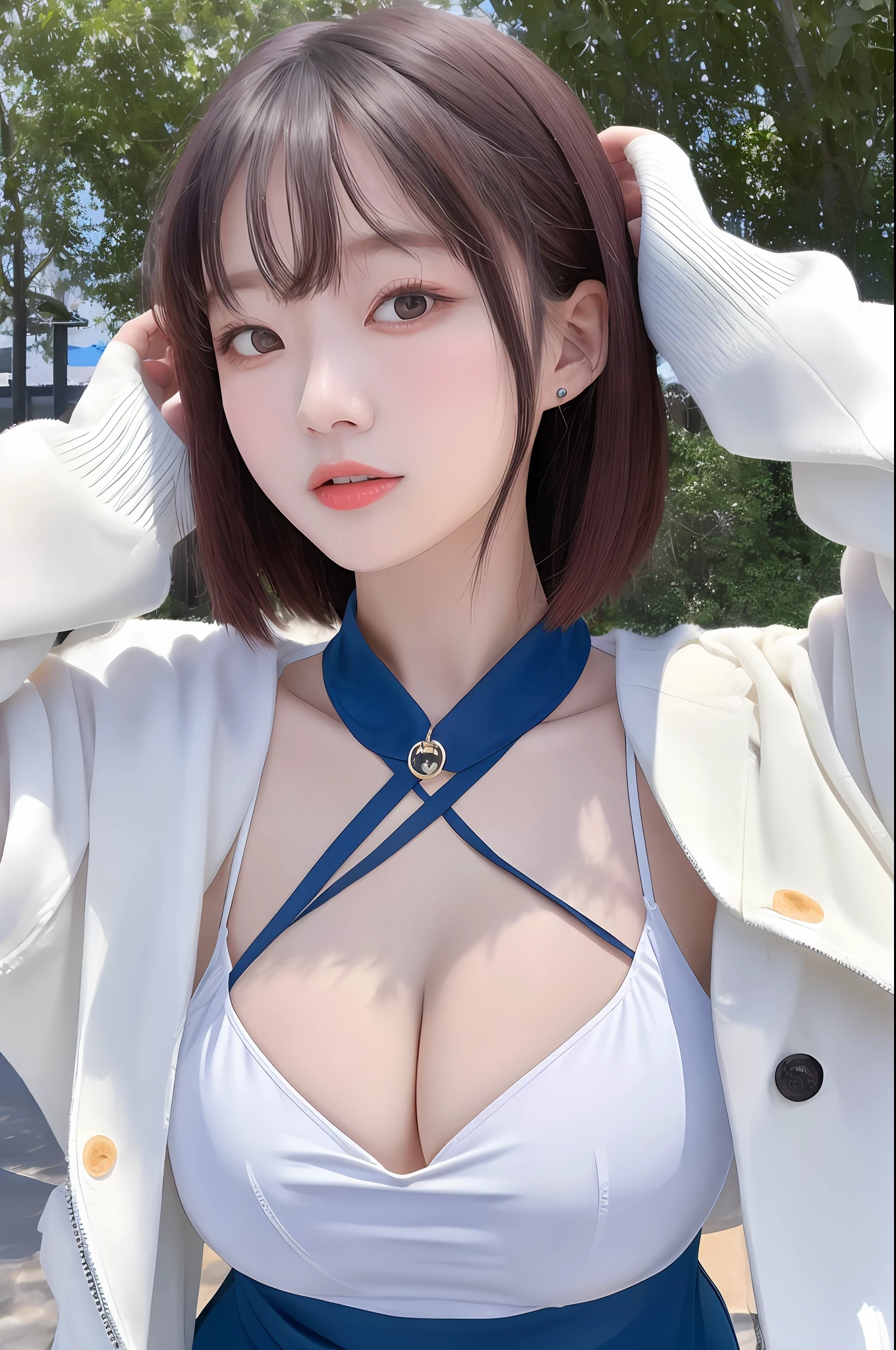 Unbeatable masterpiece,Perfect artwork,((Perfect female image)),short detailed hair,,being thin,photorealestic,独奏,(Fidelity:1.4),best qualtiy,超高分辨率,1girll,Kpop ido,full bodyesbian,(C cup), Low neckline,Blue and white stripes skinny ultra(比基尼),big breasts beautiful, tmasterpiece, Best quality at best, very vey very detailed face, Perfect litthing, 👍独奏, plain face, Best quality at best, 超高分辨率, (realisticlying:1.4), ultra - detailed, tmasterpiece, Best quality at best, ulzang-6500-v1.1
