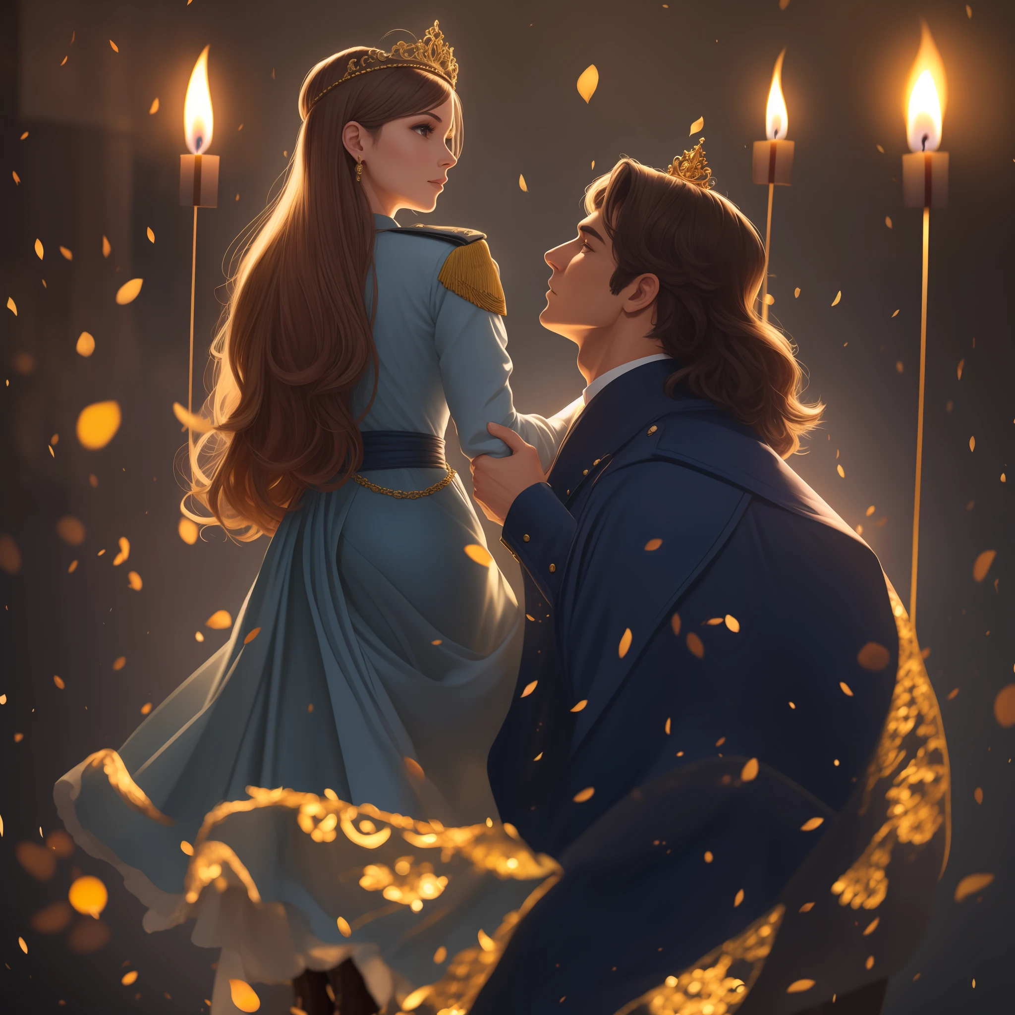 Create a highly detailed illustration of a couple at a period romance ball. A mulher deve estar usando um vestido rosa deslumbrante, com uma saia longa e volumosa, detalhes de renda delicada e uma cintura bem marcada. O vestido deve ter mangas bufantes e um decote elegante. Ela deve ter cabelos castanhos, presos em cachos suaves e adornados com uma tiara delicada.
The man must have been wearing a military suit of the army of the time, with a navy blue coat and gold buttons, black pants and leather boots. Ele deve ter cabelos castanhos curtos, com costeletas e um bigode bem aparados. He must be wearing a military hat complementary to the uniform.
The couple should be holding hands, com os olhares fixos um no outro. They should be in a richly decorated ballroom, com candelabros de cristal, espelhos dourados nas paredes e um piso de madeira polida. Ao fundo, There must be other couples dancing and musicians playing on an elevated stage.
Be sure to include all the little details that make the illustration authentic, como joias, Luvas, Details about shoes and passionate facial expressions. Lighting should be soft, with candle lights creating a romantic atmosphere.