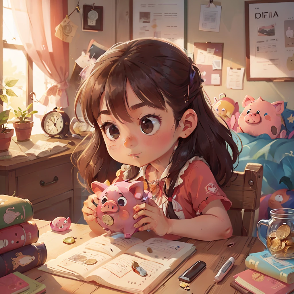 A scene where Sofia is storing her coins in a piggy bank, learning about the importance of saving money.