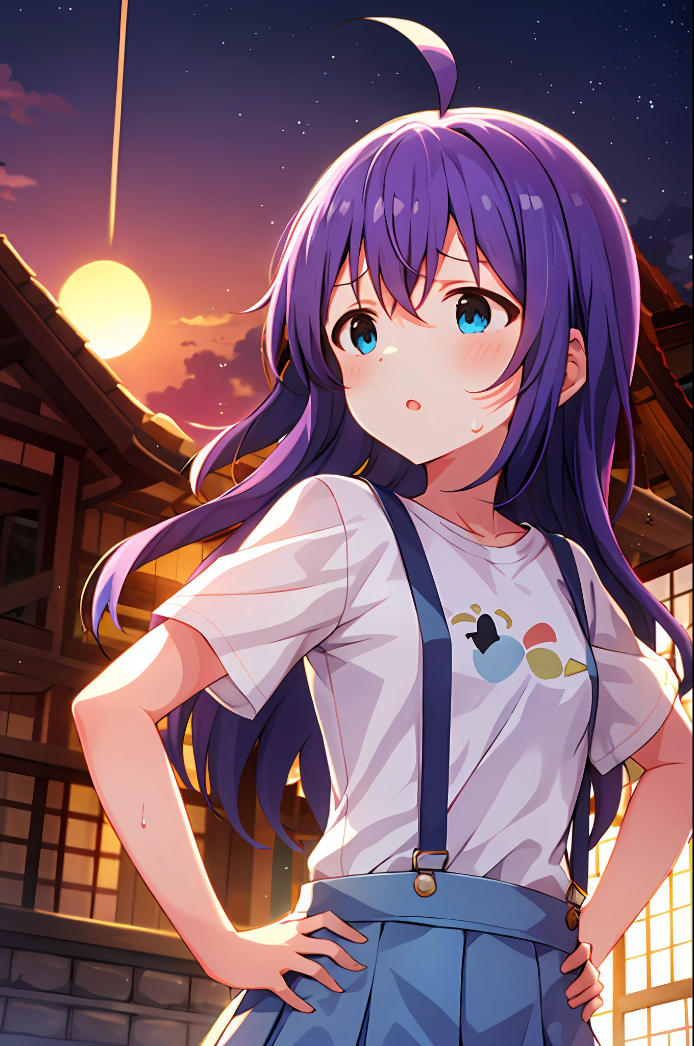 mochizuki anna,1girl in,Solo,Long hair,Purple hair,Medium chest.Ahoge,Blue eyes.Short stature.white t-shirts.suspenders.Skirt.Evening glow.the setting sun.Despair face.Sweat.Opening Mouth.up chest.put hands on the hip.Looking from the side.