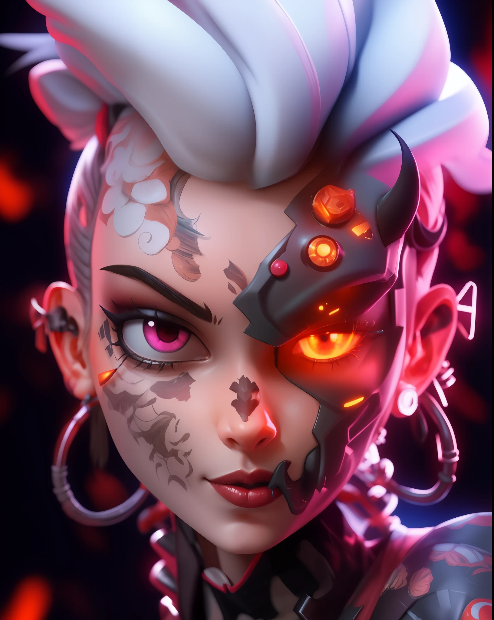 um close up de uma pessoa com um rosto estranho e piercings, Aetherpunk Airbrush Arte Digital, menina ciborgue bonito, Trend at Artstation headquarters, 8k arte detalhada de alta qualidade, arte digital hiper detalhada, menina ciborgue, 3 d render stylized, trending on artstationhq, Arte digital estilizada, Vencedor do Concurso Zbrush Central, Junker Queen de Overwatch