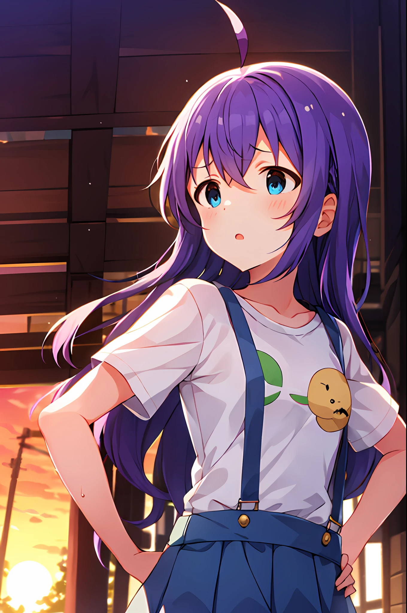 mochizuki anna,1girl in,Solo,Long hair,Purple hair,Medium chest.Ahoge,Blue eyes.Short stature.white t-shirts.suspenders.Skirt.Evening glow.the setting sun.Despair face.Sweat.Opening Mouth.up chest.put hands on the hip.Looking from the side.