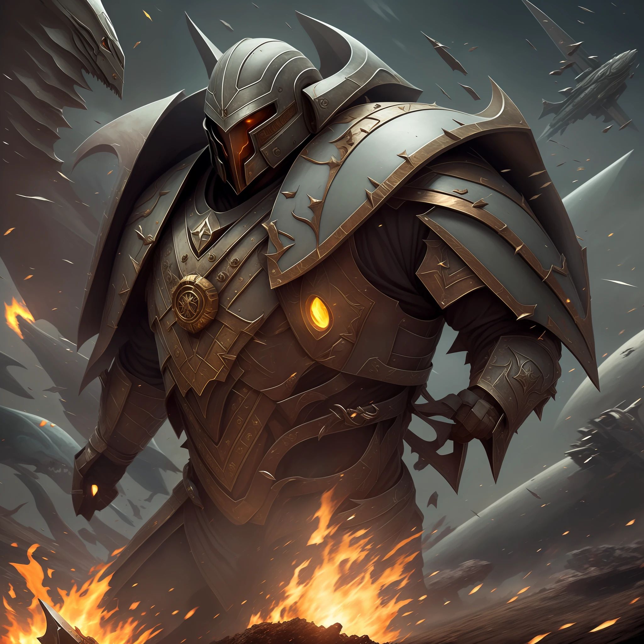 Under the realist depiction in the Gothic style,Fill the picture with sci-fi elements,Create the image of the Starfighter of the Warhammer 40k Man-Eating Shark Battle Group。The whole body posture is very dynamic,It presents a kind of earth-shattering ghost and god situation,Dressed in armor Mark 4, the loyal Astarte monks wield melee chainsaw axes。