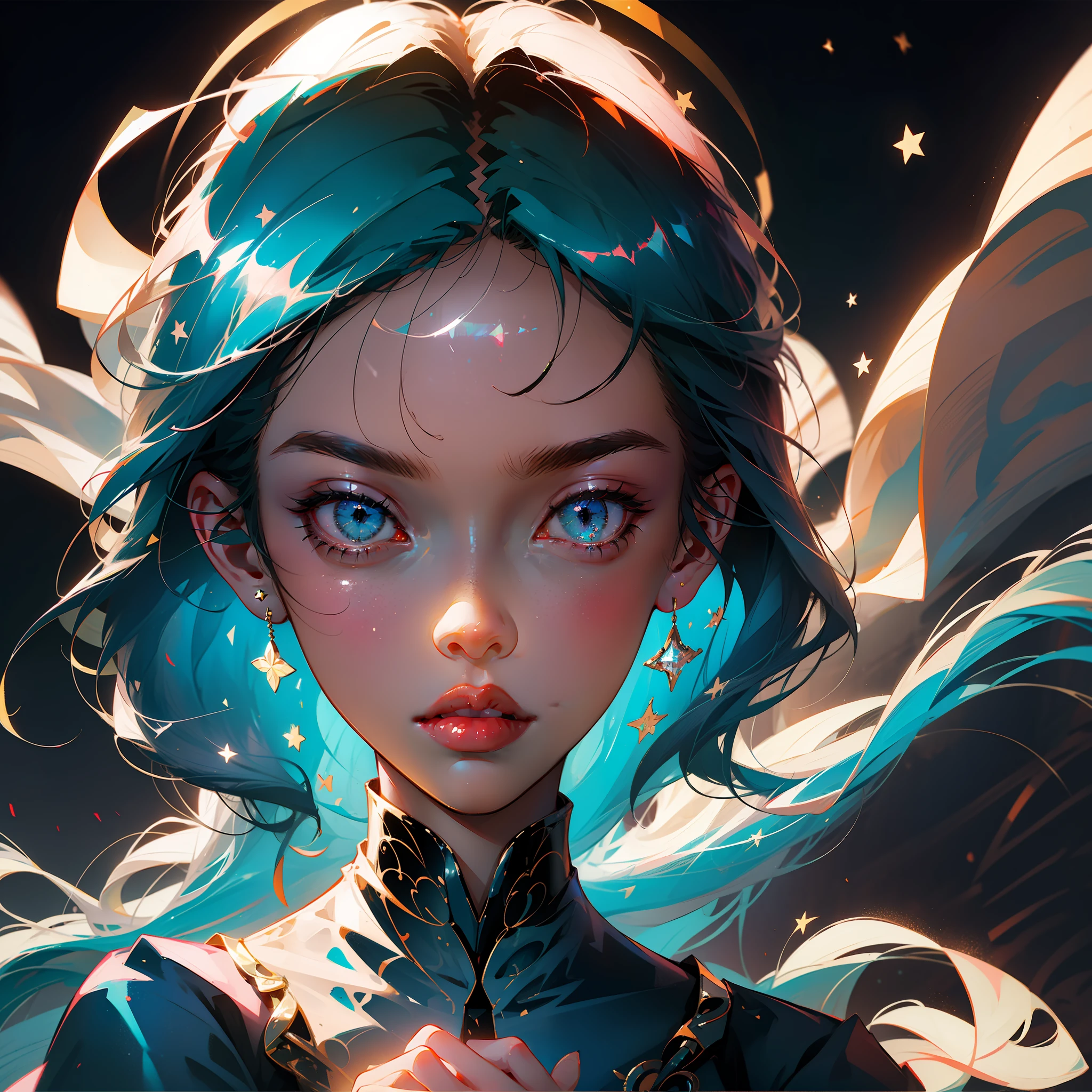 Anime girl with blue hair and blue eyes and stars on her head, Rossdraw portrait, rossdraws 1. 0, rossdraws 2. 5, :: rossdraws, wlop rossdraws, ArtStation Pixiv ArtGerm, rossdraws digital painting, rossdraws 2. 0, rossdraws cartoon vibrant, ArtGerm. Anime Illustration, Pixiv masterpiece::1.5 ,detaileds,light Particle,glitch effect, Geometric pattern,Symbol Particles,Black background