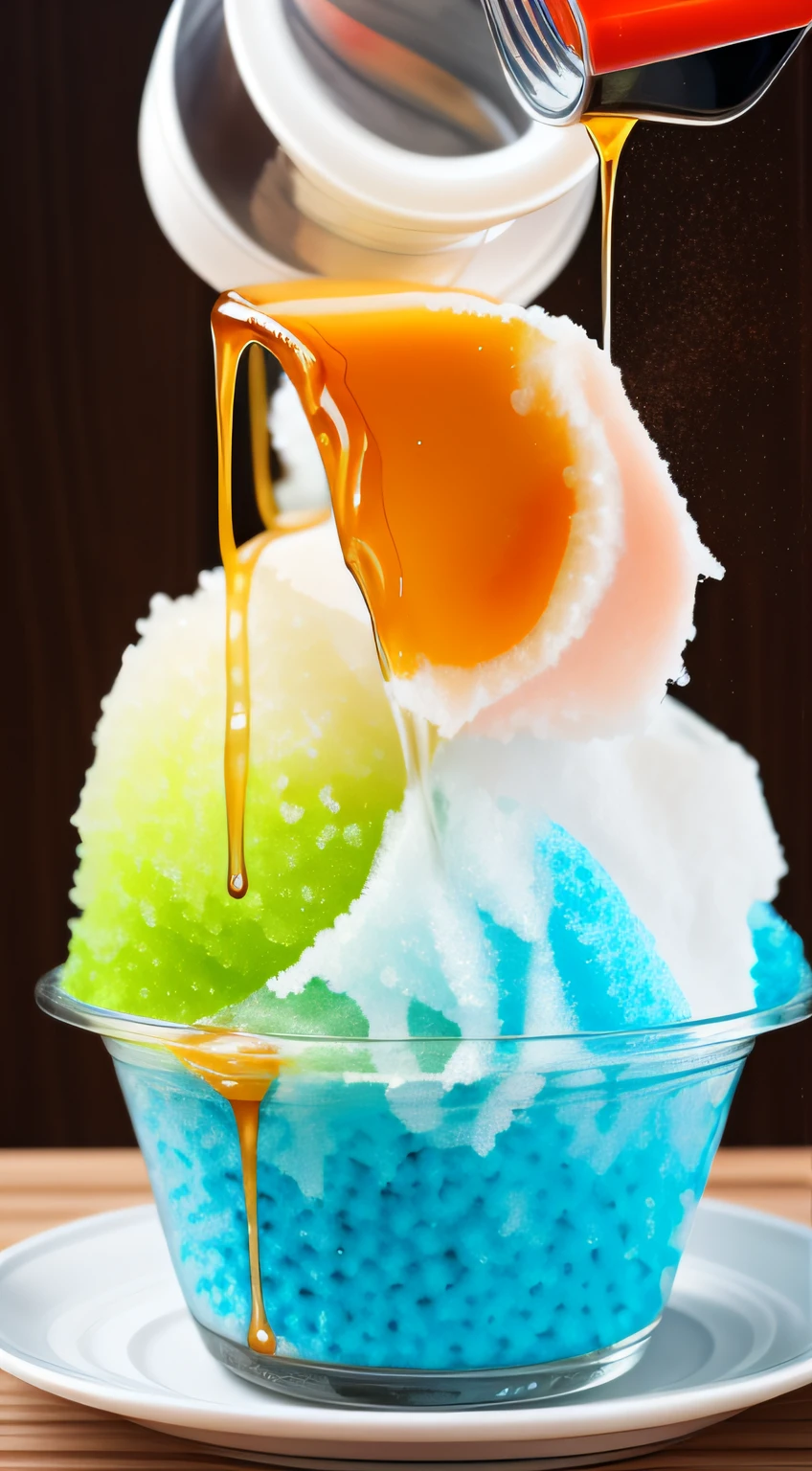 A pile of cold shaved ice and the moment the syrup is poured