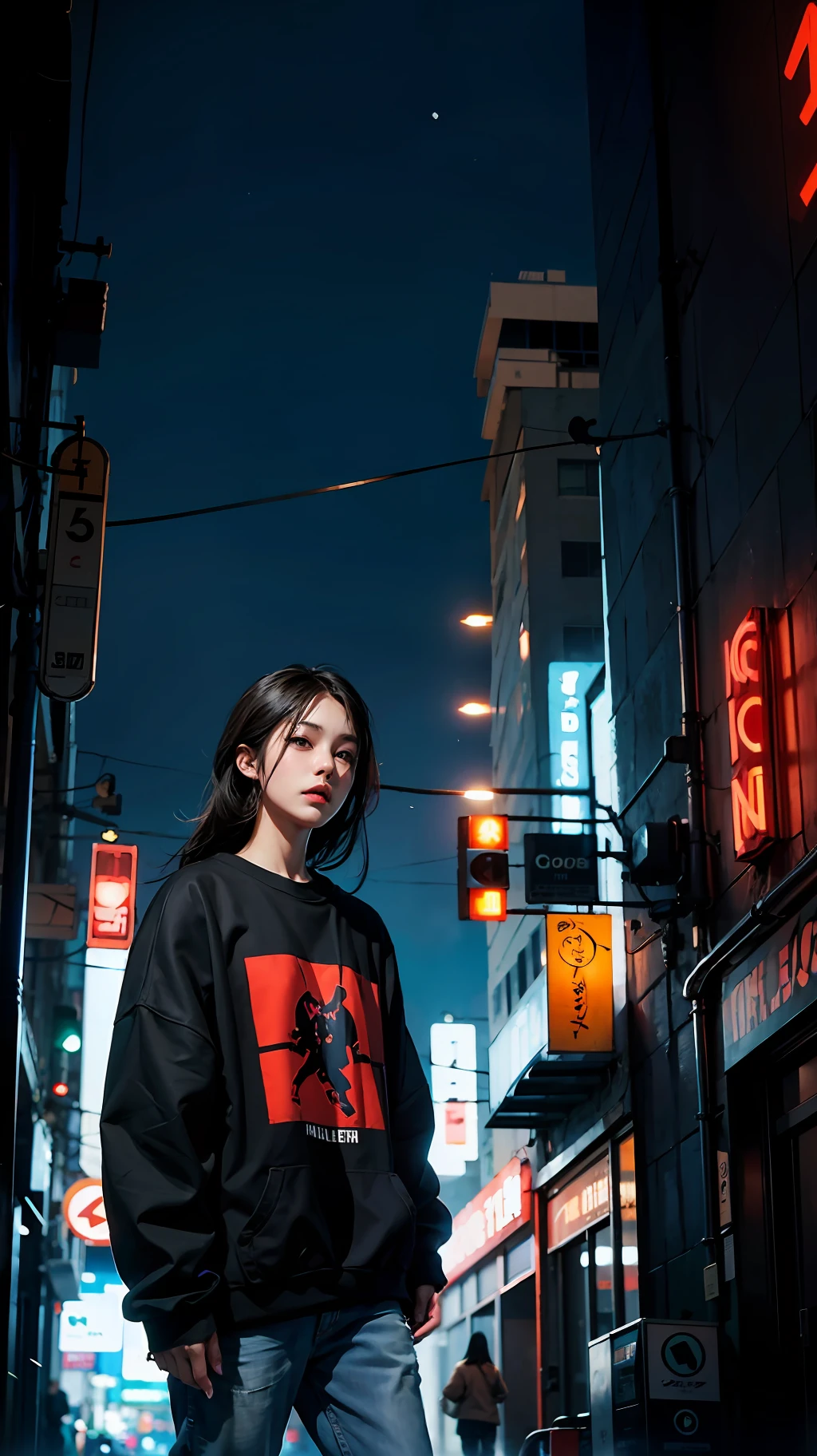 Anime style, cyberpunk, city, night, black hair, long haircut,, oversized sweatshirt