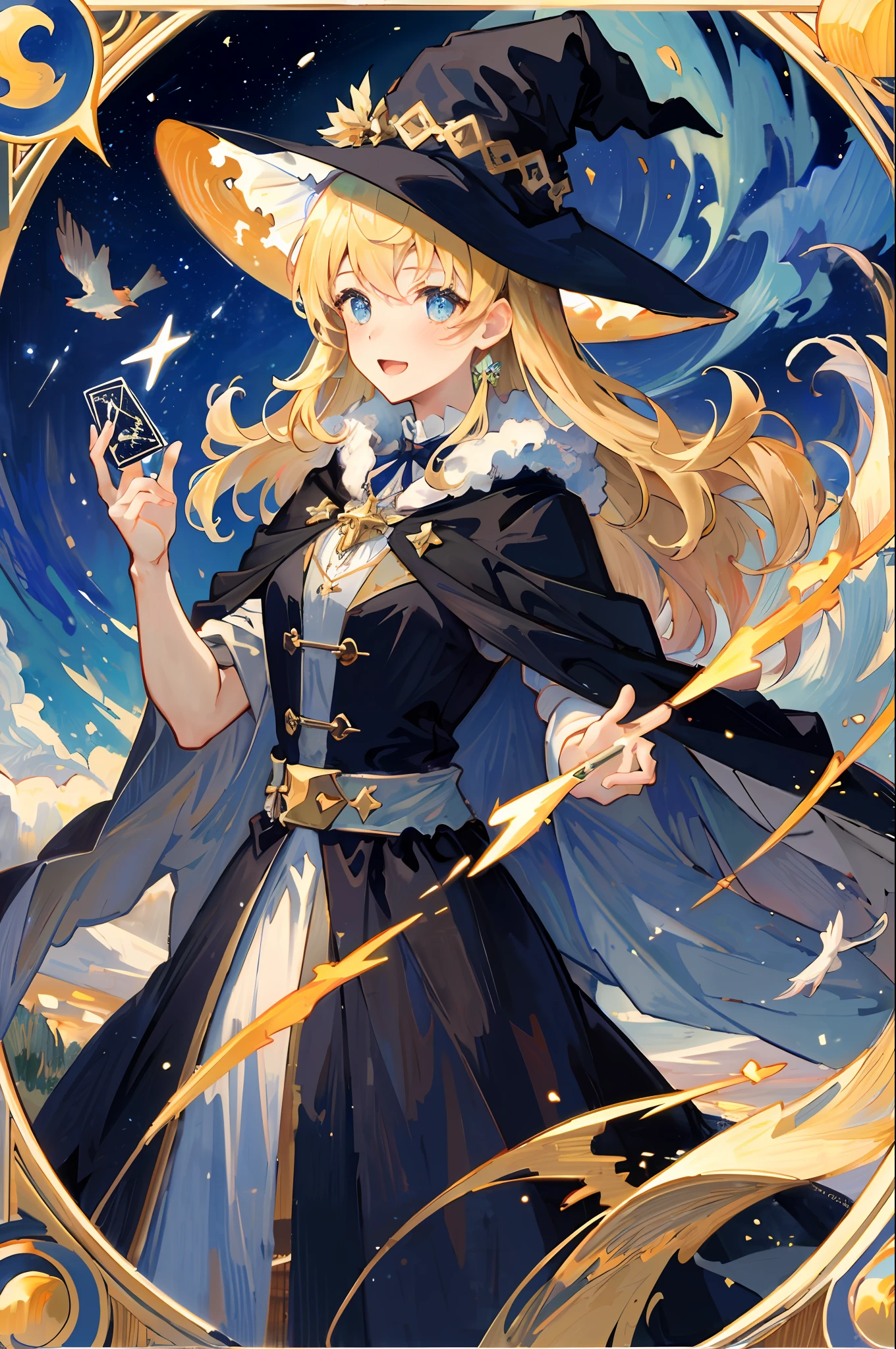 ((Masterpiece:1.2, Best quality)), 1girll, Solo, (Witch hat), Blonde hair, Long hair, dress, aurora, Night, Star (sky), mitts, sky, White dress, Night sky, Open mouth, Starry sky, Blue eyes, ribbon, Very long hair, Red dress, Smile, Hair ribbon, Cape, Blue hair, (Bird), magic, casting spell, Dark clouds, Night, (Impressionism:1.4), (tarot:1.3), Alphonse Mucha,