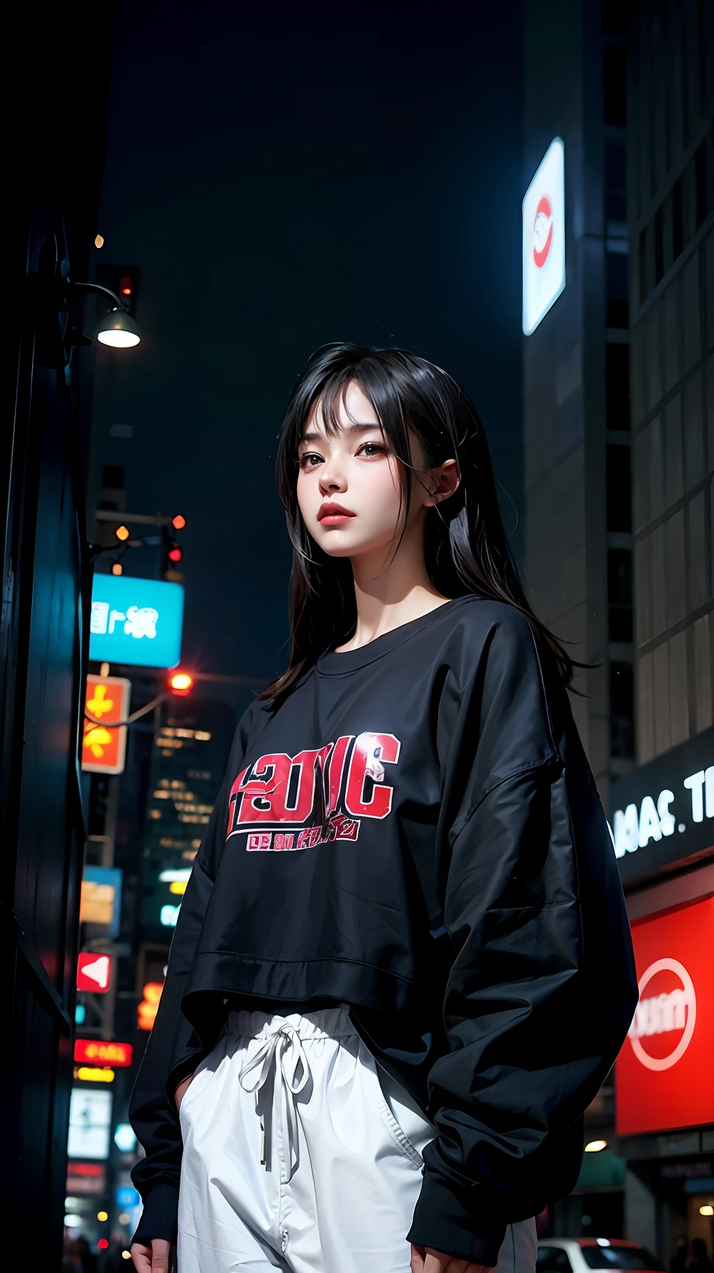 Anime style, cyberpunk, city, night, black hair, long haircut,, oversized sweatshirt