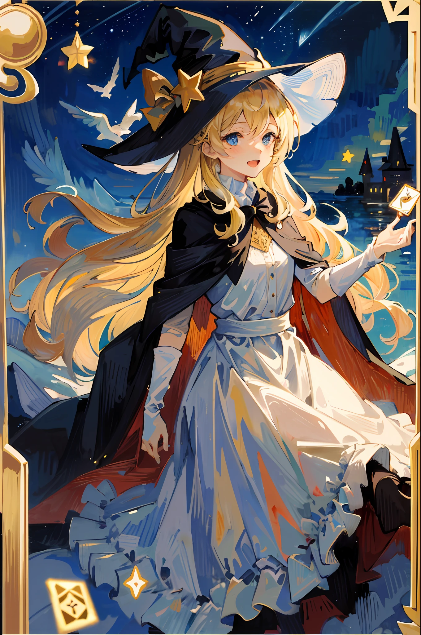 ((Masterpiece:1.2, Best quality)), 1girll, Solo, (Witch hat), Blonde hair, Long hair, dress, aurora, Night, Star (sky), mitts, sky, White dress, Night sky, Open mouth, Starry sky, Blue eyes, ribbon, Very long hair, Red dress, Smile, Hair ribbon, Cape, Blue hair, (Bird), magic, casting spell, Dark clouds, Night, (Impressionism:1.4), (tarot:1.3), Alphonse Mucha,