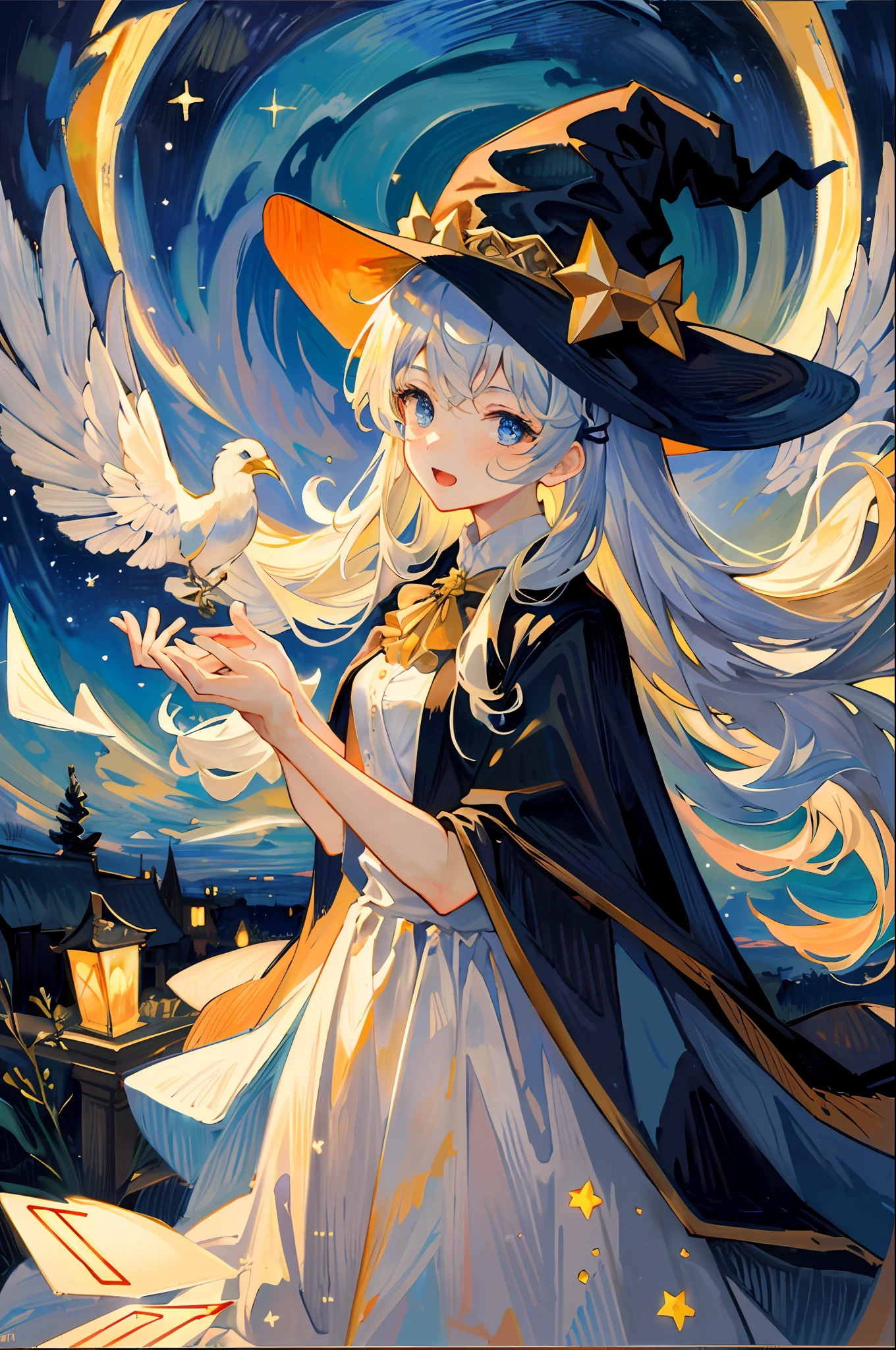 ((Masterpiece:1.2, Best quality)), 1girll, Solo, (Witch hat), Blonde hair, Long hair, dress, aurora, Night, Star (sky), mitts, sky, White dress, Night sky, Open mouth, Starry sky, Blue eyes, ribbon, Very long hair, Red dress, Smile, Hair ribbon, Cape, Blue hair, (Bird), magic, casting spell, Dark clouds, Night, (Impressionism:1.4), (tarot:1.3), Alphonse Mucha,