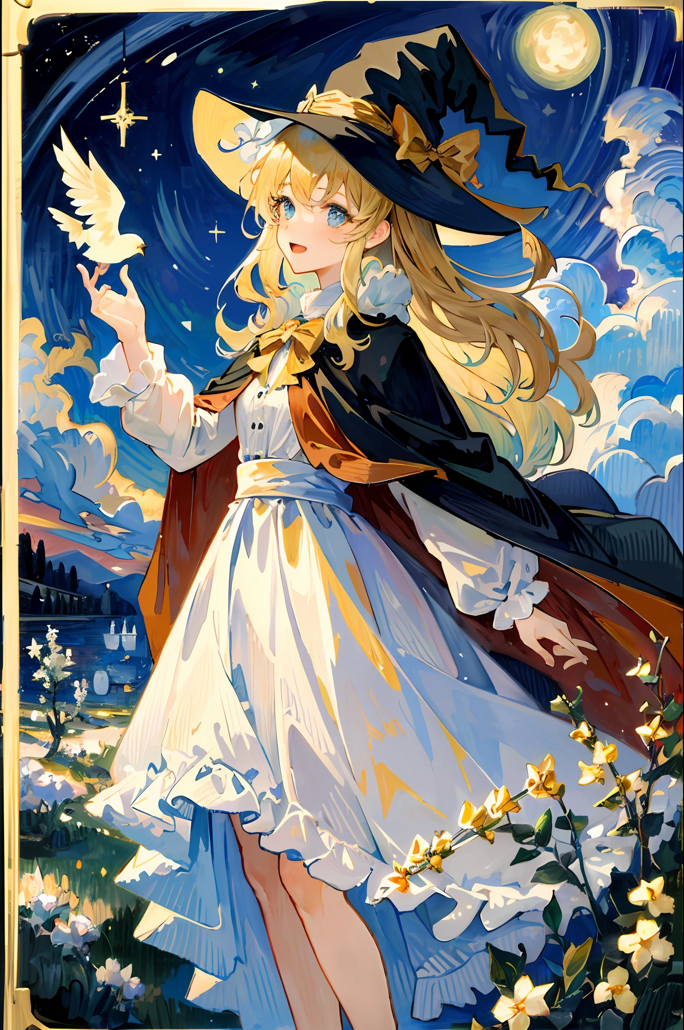 ((Masterpiece:1.2, Best quality)), 1girll, Solo, (Witch hat), Blonde hair, Long hair, dress, aurora, Night, Star (sky), mitts, sky, White dress, Night sky, Open mouth, Starry sky, Blue eyes, ribbon, Very long hair, Red dress, Smile, Hair ribbon, Cape, Blue hair, (Bird), magic, casting spell, Dark clouds, Night, (Impressionism:1.4), (tarot:1.3), Alphonse Mucha,