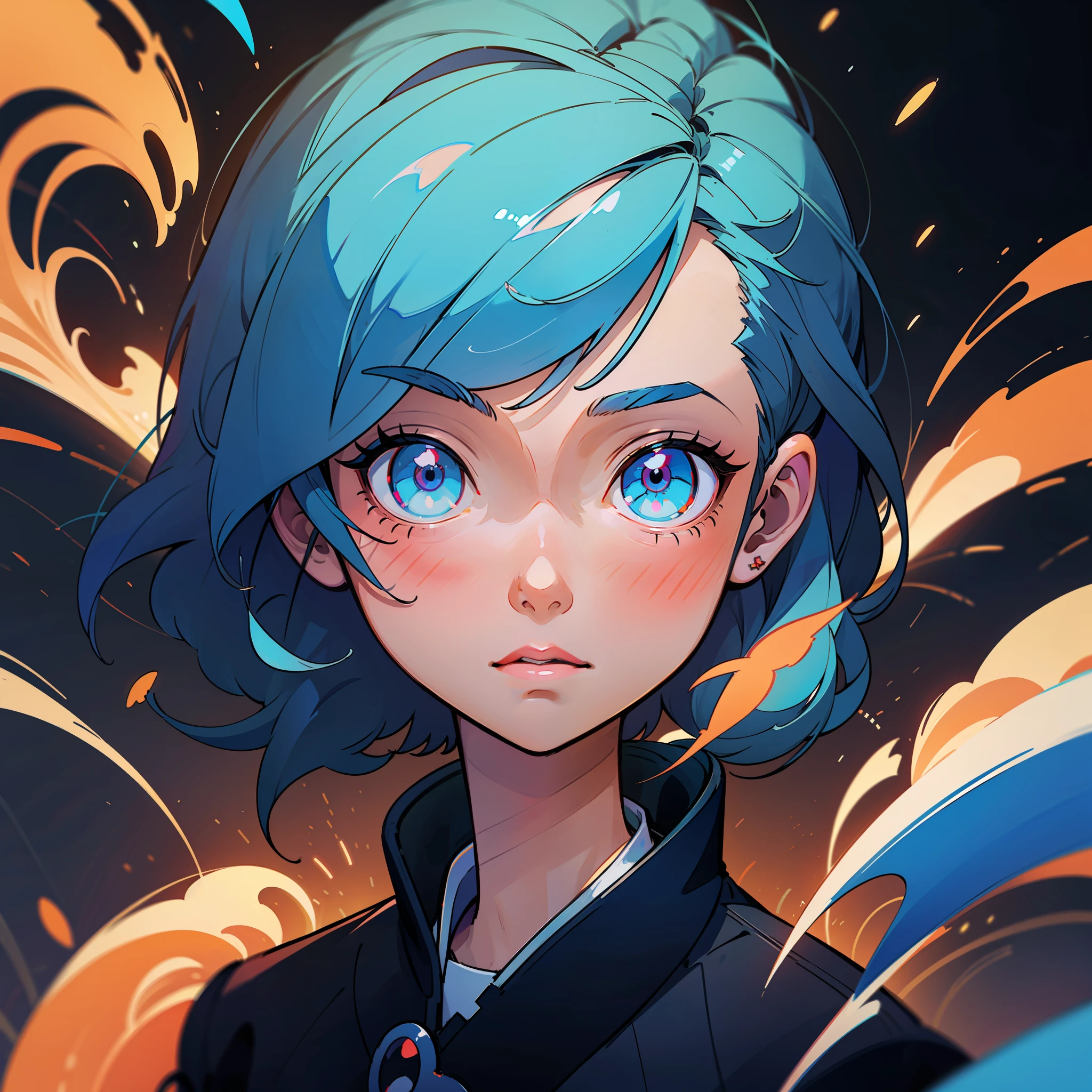 Anime girl with blue hair and blue eyes and stars on her head, Rossdraw portrait, rossdraws 1. 0, rossdraws 2. 5, :: rossdraws, wlop rossdraws, ArtStation Pixiv ArtGerm, rossdraws digital painting, rossdraws 2. 0, rossdraws cartoon vibrant, ArtGerm. Anime Illustration, Pixiv masterpiece::1.5 ,detaileds,light Particle,glitch effect, Geometric pattern,Symbol Particles,Black background
