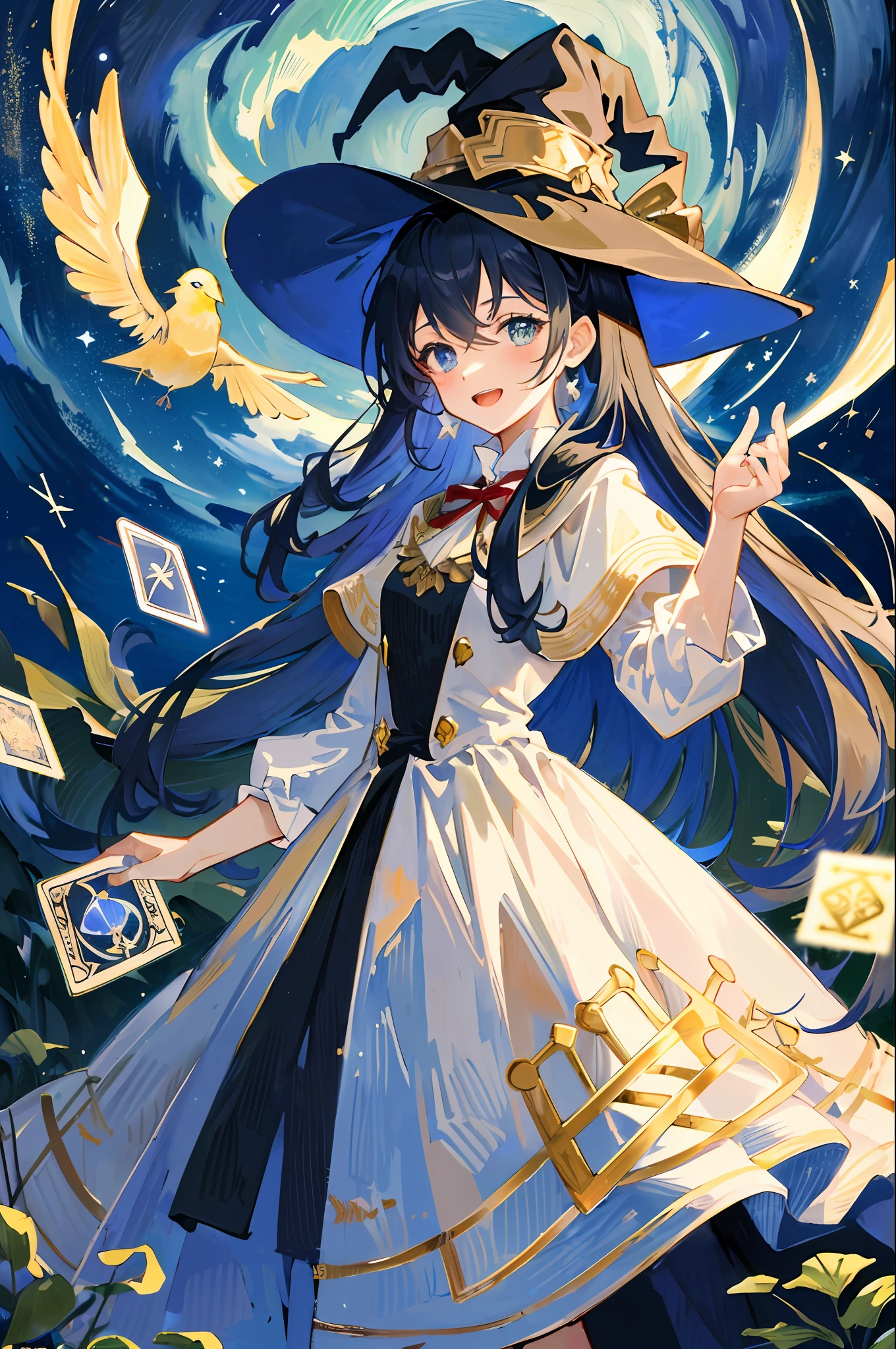 ((Masterpiece:1.2, Best quality)), 1girll, Solo, (Witch hat), Blonde hair, Long hair, dress, aurora, Night, Star (sky), mitts, sky, White dress, Night sky, Open mouth, Starry sky, Blue eyes, ribbon, Very long hair, Red dress, Smile, Hair ribbon, Cape, Blue hair, (Bird), magic, casting spell, Dark clouds, Night, (Impressionism:1.4), (tarot:1.3), Alphonse Mucha,