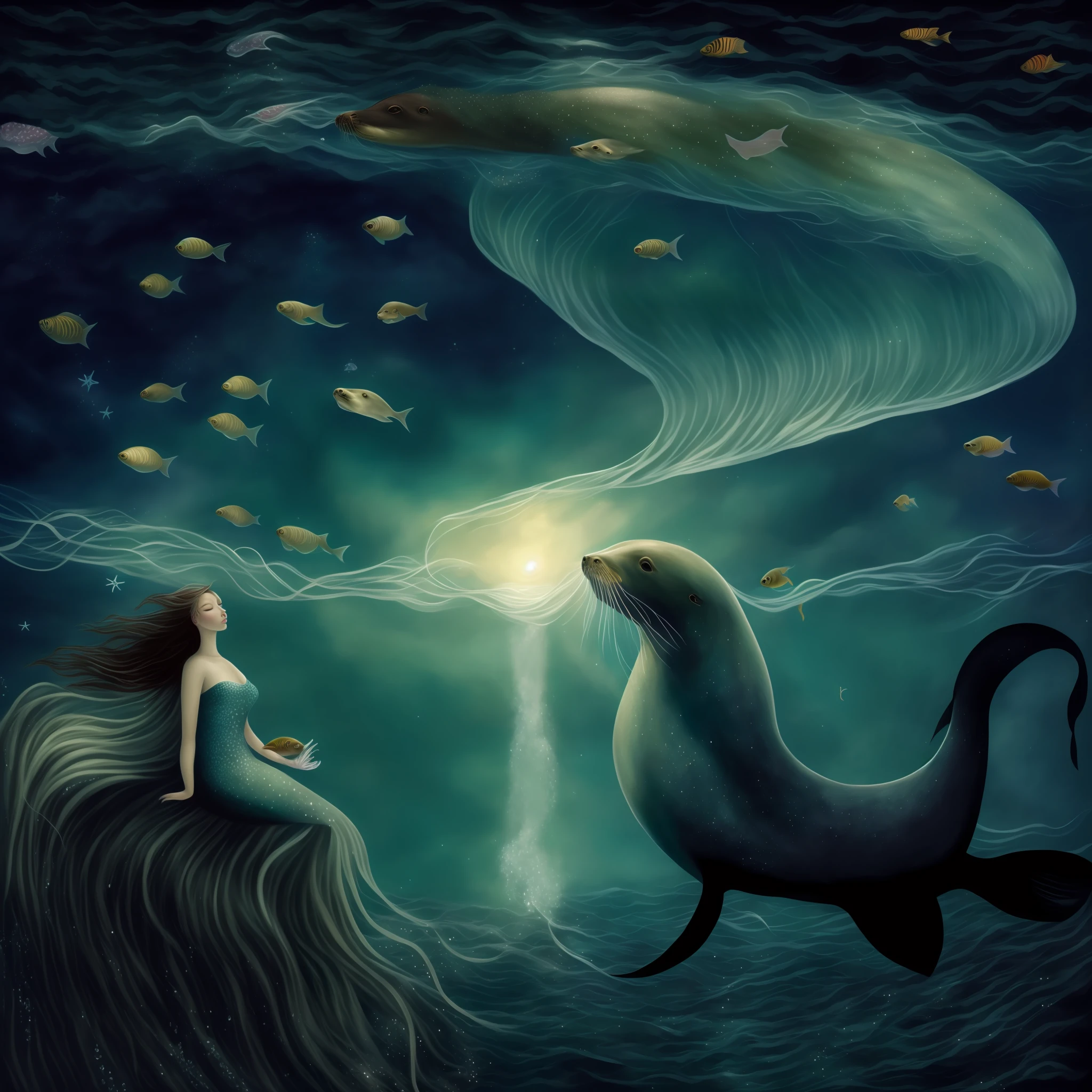 painting of a mermaid and a sea lion in the ocean, goddess of the sea, goddess of the ocean, jellyfish priestess, ethereal eel, magical ocean, the stars are fish in the depths, a beautiful artwork illustration, who is born from the sea, mermaids and fish, a mermaid in the sea, by Amanda Sage, queen of the sea mu yanling