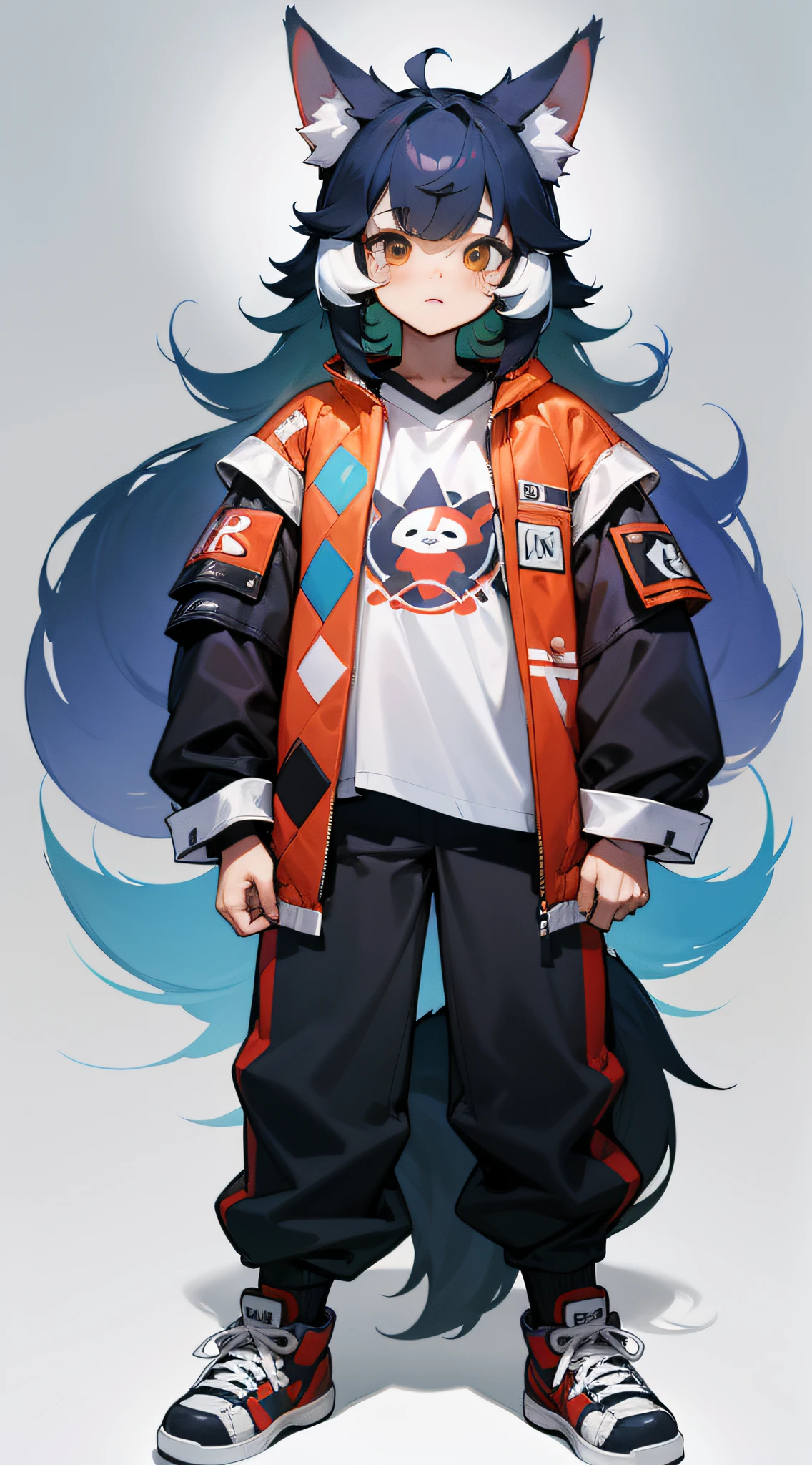 full bodyesbian From head to shoes Shota I'm raising my bangs No bangs The right outfit Dobo dobo pants Oversized high-cut sneakers Beastman White ears Hybrid of wolf and man kawaii Deformed White background Stand up straight Highest image quality 8K Straight in front