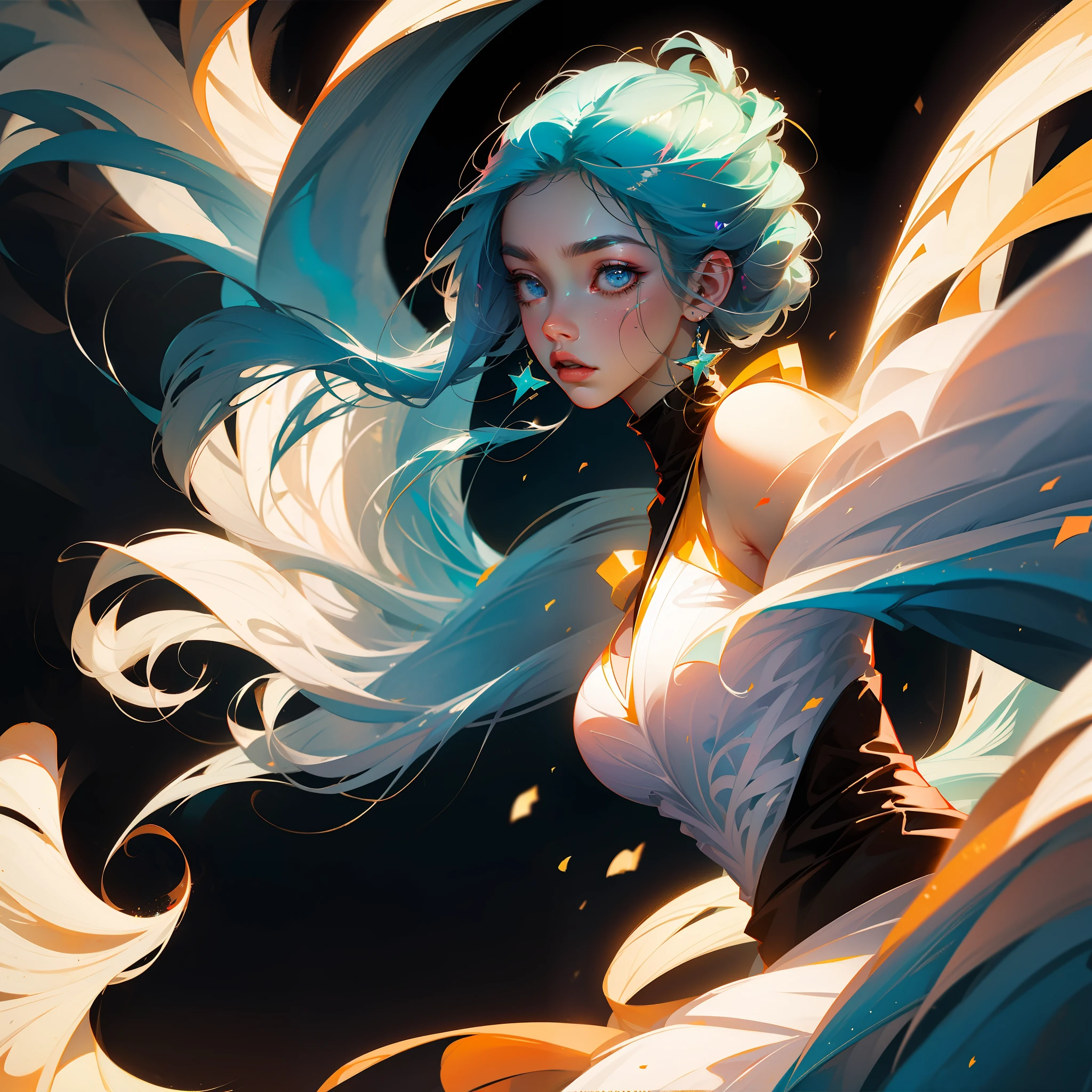 Anime girl with blue hair and blue eyes and stars on her head, Rossdraw portrait, rossdraws 1. 0, rossdraws 2. 5, :: rossdraws, wlop rossdraws, ArtGerm on ArtStation Pixiv, rossdraws digital painting, rossdraws 2. 0, rossdraws cartoon vibrant, ArtGerm. Anime Illustration, pixiv masterpiece::1.5 ,high detailed,light particles,glitch effect, geometrical pattern,symbol particles,black background