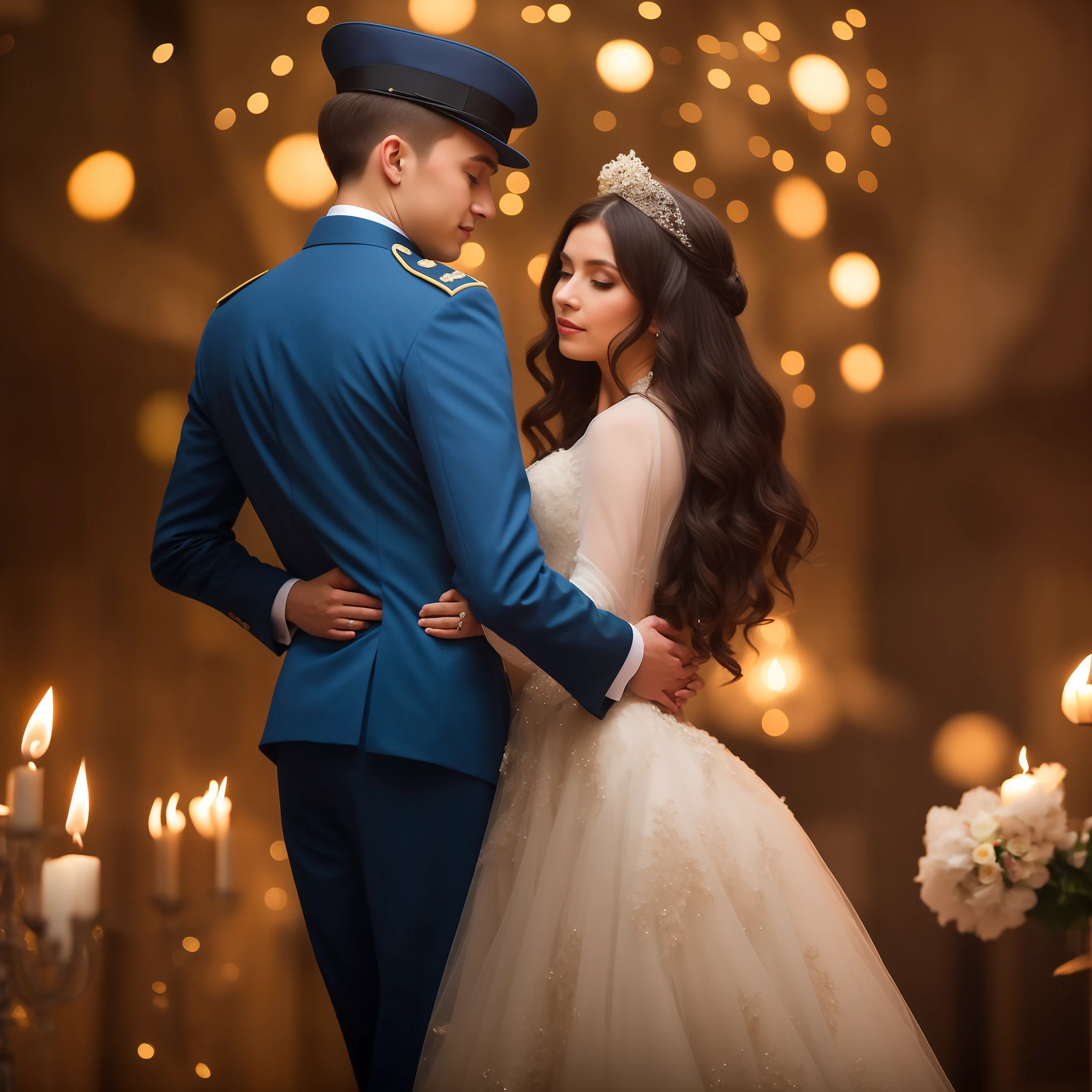 Bride and groom in formal dress standing in a ballroom with candles, romantic storybook fantasy, casamento real, foto do casamento, casamento luxuoso, fotografia de casamento profissional, foto de retrato, foto de uma bela, Pose elegante real, editing, Directed by: Hristofor Zhefarovich, Directed by: Zlatyu Boyadzhiev, fantasy fairytale story, vestido real, Sergey Zabelin