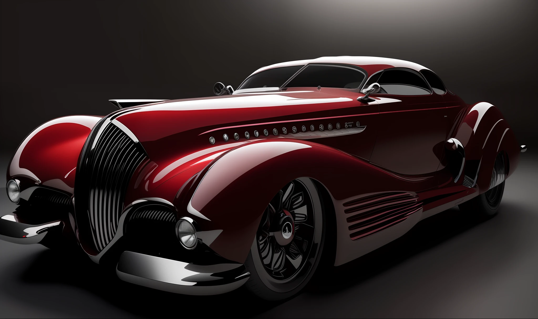 A classic red car with chrome trim and chrome wheels, retrofuturismo, vermelho cromado, futuristic chrome vehicle, carro vermelho, carros futuristas, Estilo = retrofuturismoo, classic cars, retrofuturista, concept automobile design, realistic art deco, badass Batmobile car design, classic car, carro futurista, carro conceito, classic chrome, agilizado, trending on vehicle design,ultra-detalhado, 4k,fotorrealista, studio lighting