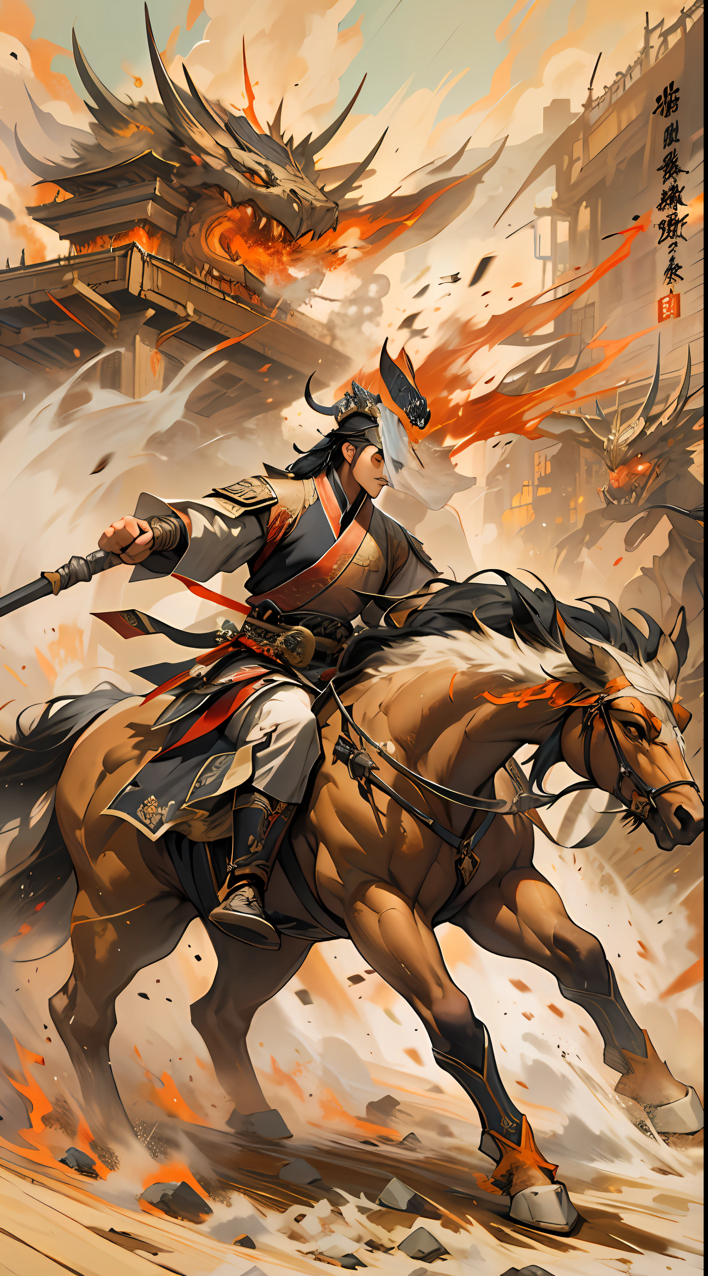 Li Gu displays immense combat power, launching consecutive strikes together with Fourth Ancestor Wu, their attacks bring immense pressure to the enemy, a battlefield under scorching sun and dust-filled air, tension and danger in the atmosphere, , 32k, best quality, masterpiece, super detail, high details,