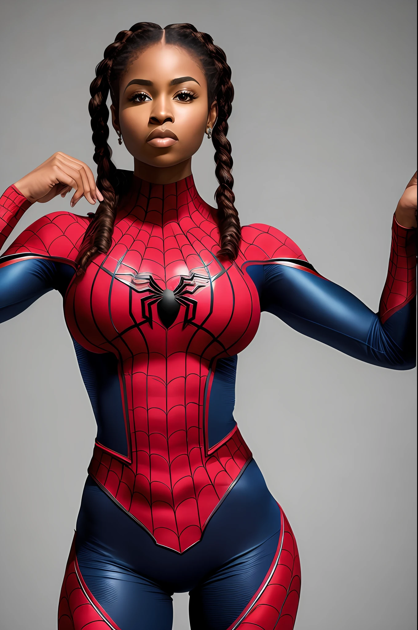 "A gorgeous black woman posing in athletic shape with braided hair and large breasts wearing a sexy spider-man outfit."