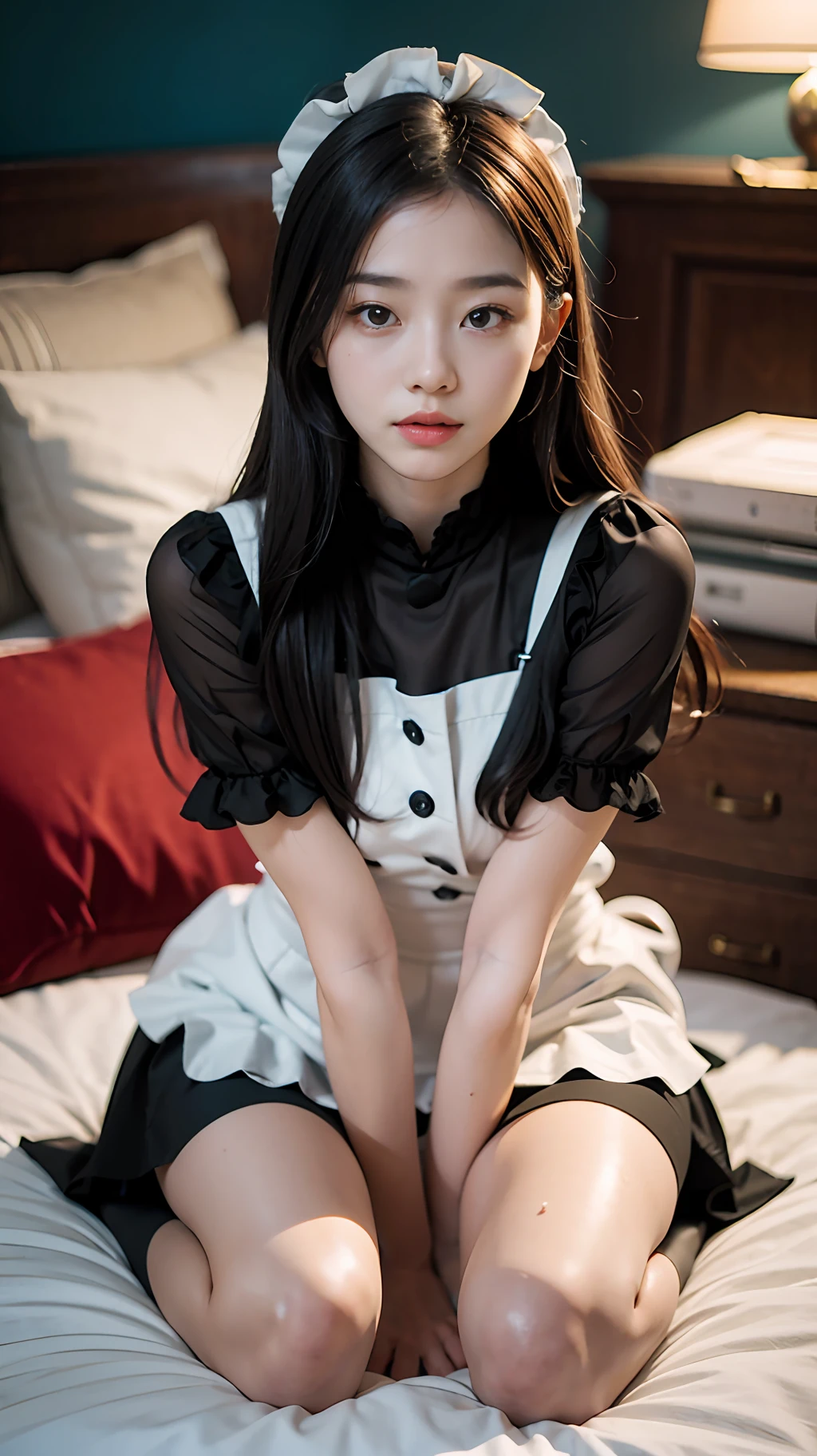 super high image quality,tmasterpiece,8K,Hyper-detailed depiction,physically-based renderingt,Hyper-detailed depiction,真实感,Three-dimensional feeling,college girl,prette,Chinese face,cabelos preto e longos,Untidy,Delicate facial features,the maid outfit,Dress generously,Sense of perspective,adolable,with a good figure,ssmile,slightly red face,There is sweat,Medium height,White skin in the red,on bedroom,The whole person loli knelt on the bed,lewd poses:Knelt,stocklings,The pose is seductive,Not exposed,fully body photo,Medium and long range,Look at the audience,The background is real,Front Shooting,Shoot with a DSLR