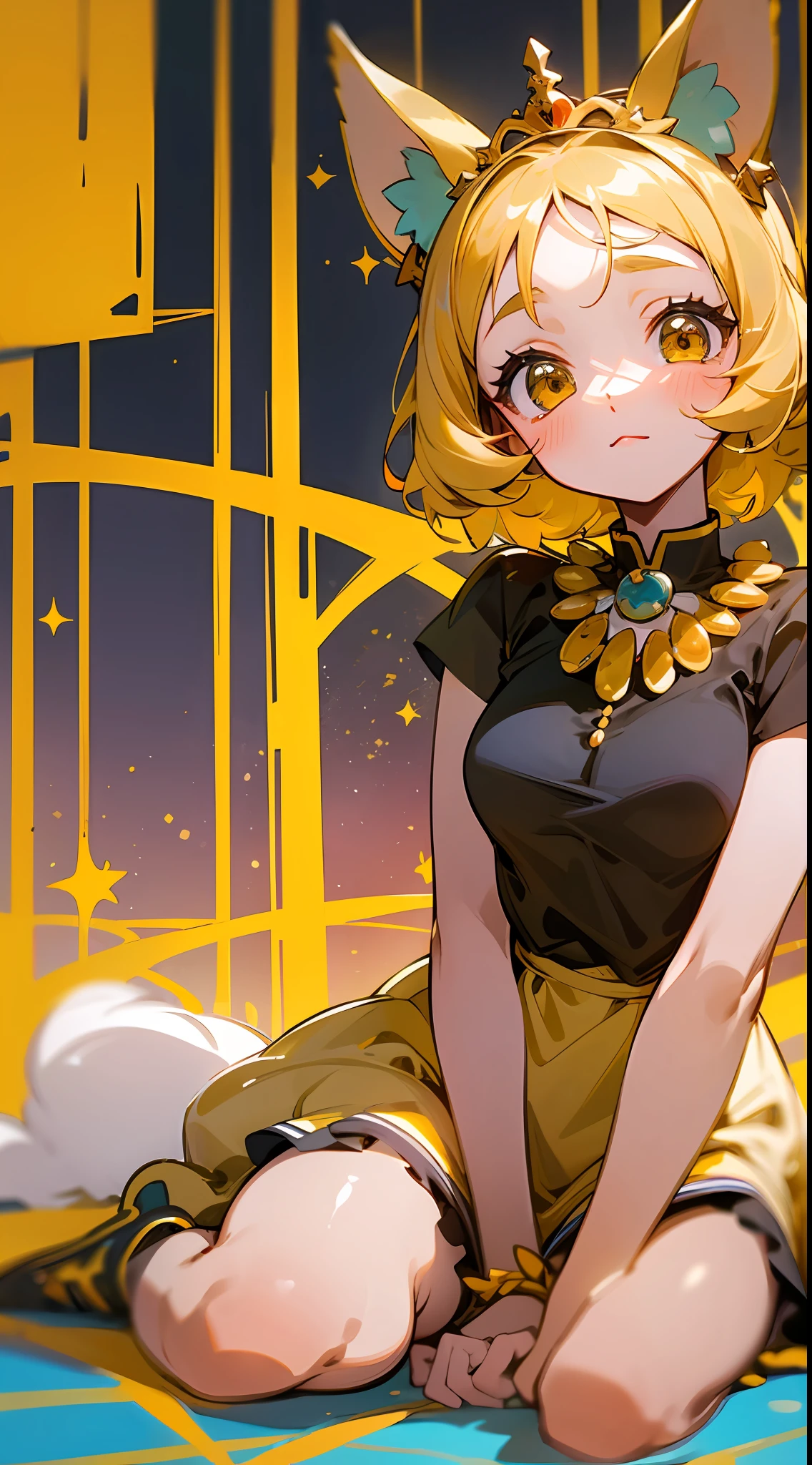 Qualidade Superior, detalhe, 8k, 4k, high resolution, circunstanciado, personagem feminina, pele clara, Cabelo amarelo dourado em estilo curto e cacheado, with some dog ears on top of the head, como o Pompompurin, Sanrio, Olhos grandes e brilhantes de cor marrom, expressing sweetness and sympathy, She has rosy cheeks that highlight her cute face.
Wears a yellow ribbon around the neck. Um vestido amarelo com detalhes em marrom e um avental branco, semelhante ao estilo do Pompompurin, Uma tiara com a imagem do Pompompurin, (anime, Sanrio) nas orelhas, Complementing your unique look.
Meias amarelas e sapatos marrons com detalhes em amarelo