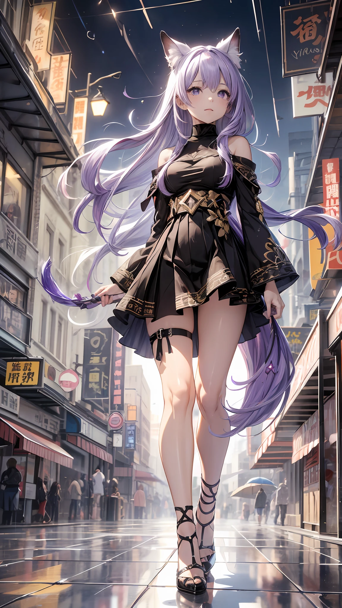 Best quality, hyper-high detail, very high res, Extremely detailed CG, 真实感，absurd res，fox ear，Huge colorful fox tail， 8K,Colorful, A 20-year-old nine-tailed fox girl,Light turtleneck shirt，Detailed clothing patterns，tiese，(full body:1.3),Solo,Perfect body shape,long leges， Faraway view，high-heels，(Purple eyes), (Purple hair to shoulders), Extremely long purple diamond hair floating, yellow ribbon, Beautiful eyes,(Purple clothes),Wet clothes, Short purple skirt, detailed and beatiful face and eyes, ((Shiny skin)), Shiny hair, (detailed and beautiful shiny clothes, Kiosk side, In a square,  waiting for rain to pass,overcast sky, Rainy days，(dynamicposes:1.3)，low perspective，