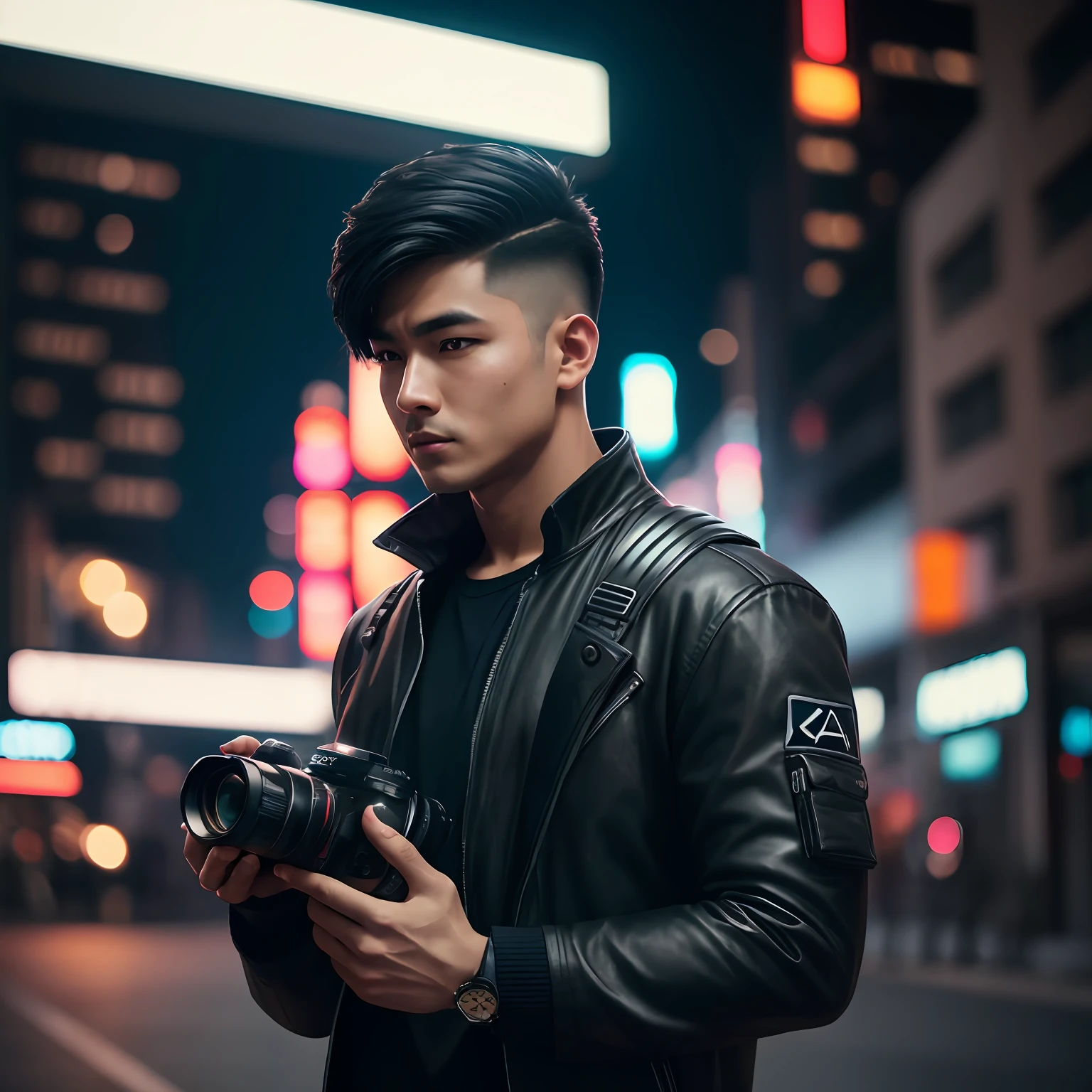 male people,photographers,Handheld Sony FX3 camera,Calm tones,short detailed hair,Black crushed lid,afofuturism,Cinematic lighting,modern,Rich textured material,Handheld Sony FX3 camera,85mmレンズ,Professional photography skills,Urban style。