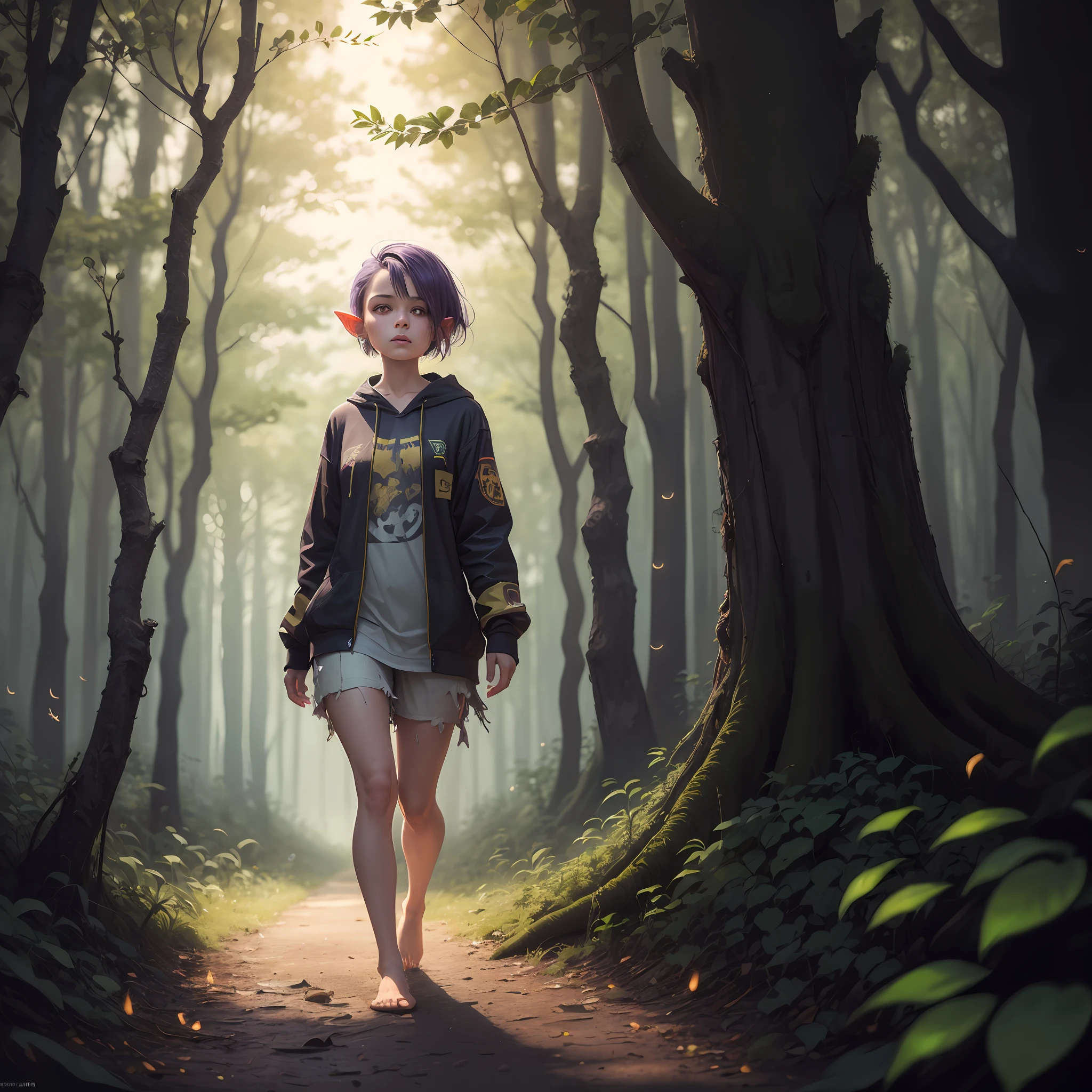 High quality realistic style, full body, single little goblin girl, green skin colored, dark purple hair and yellow eyes, using shredded and torn, clothes, bare skin, bare foot,, scouting the surroundings, curious expression, in a Forrest with fireflies and mystical lights. Night time. Closed portrait,