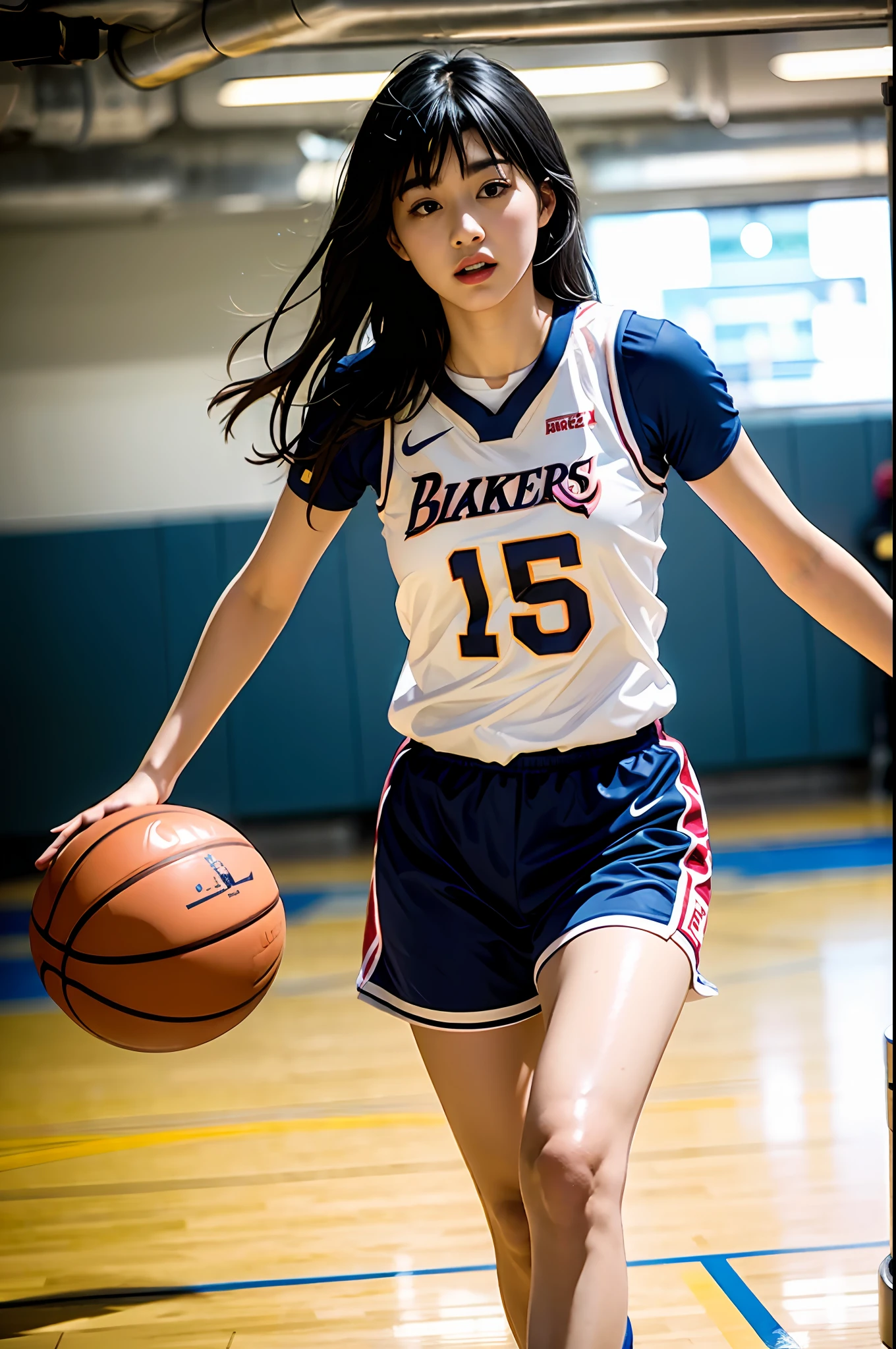 (8k, Best Quality, Masterpiece: 1.2), (Realistic, Realistic: 1.37), Ultra Detailed, Best Quality, Ultra High Resolution, Professional Lighting, Photon Mapping, Radiosity, Physically Based Rendering, Cinematic Lighting, Basketball Court, Depth of Field, Sharpness focus, sunlight, good composition, (bokeh: 1.2) 1girl, solo, (full body), (closed mouth), beautiful and detailed eyes, pose, narrow waist, basketball uniform, black hair, messy hair, long hair blowing in the wind, (ulzzang-6500:1.2) mix4, hiqcgbody