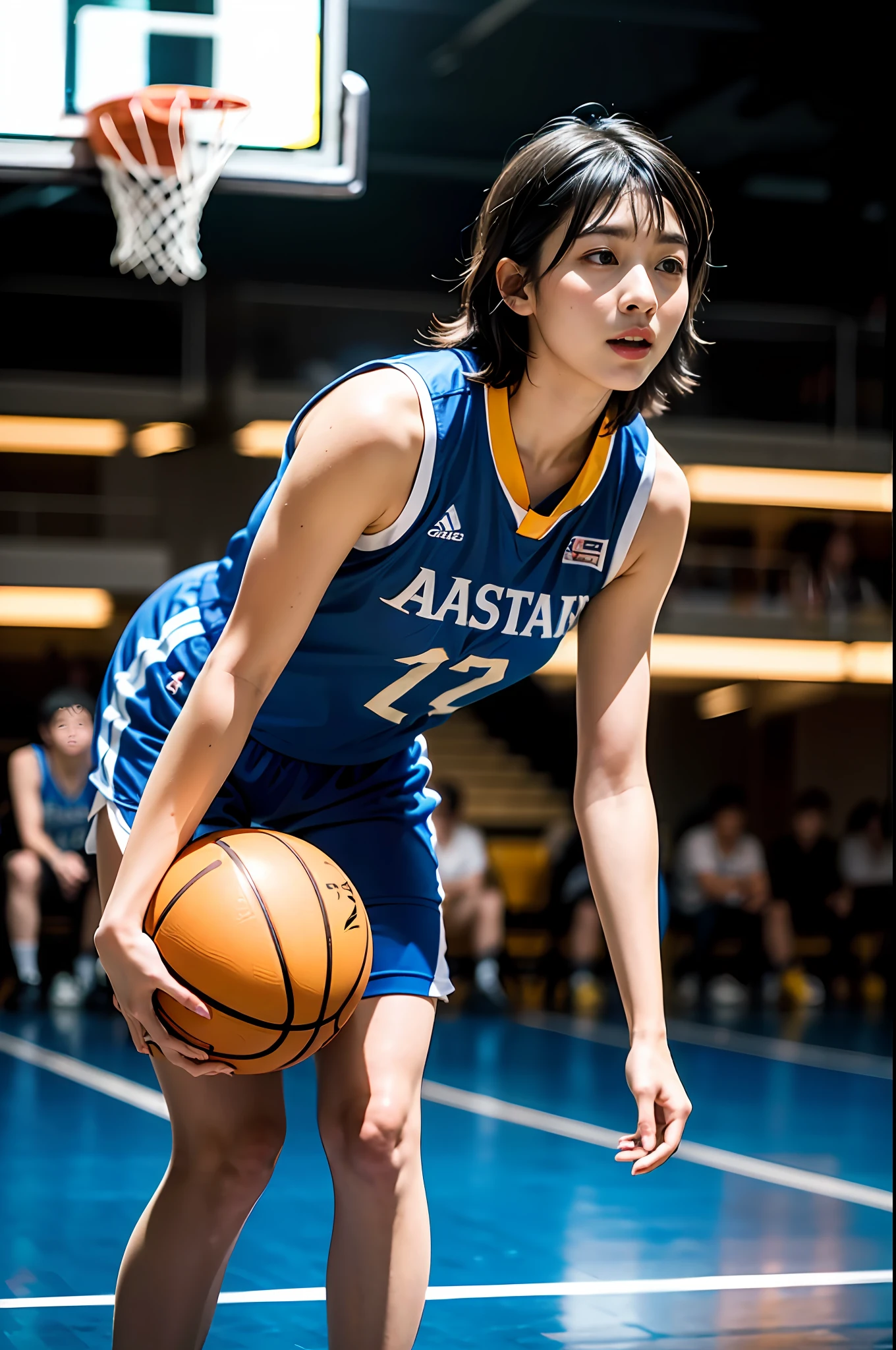 (8k, Best Quality, Masterpiece: 1.2), (Realistic, Realistic: 1.37), Ultra Detailed, Best Quality, Ultra High Resolution, Professional Lighting, Photon Mapping, Radiosity, Physically Based Rendering, Cinematic Lighting, Basketball Court, Depth of Field, Sharpness focus, sunlight, good composition, (bokeh: 1.2) 1girl, solo, (full body), (closed mouth), beautiful and detailed eyes, pose, narrow waist, basketball uniform, black hair, messy hair, long hair blowing in the wind, (ulzzang-6500:1.2) mix4, hiqcgbody