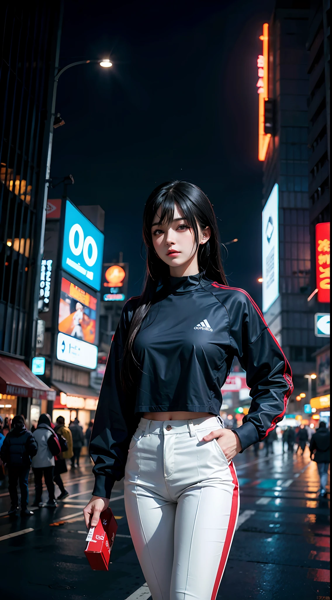 Anime style, cyberpunk, city, night, black hair, long haircut,, sport clothes