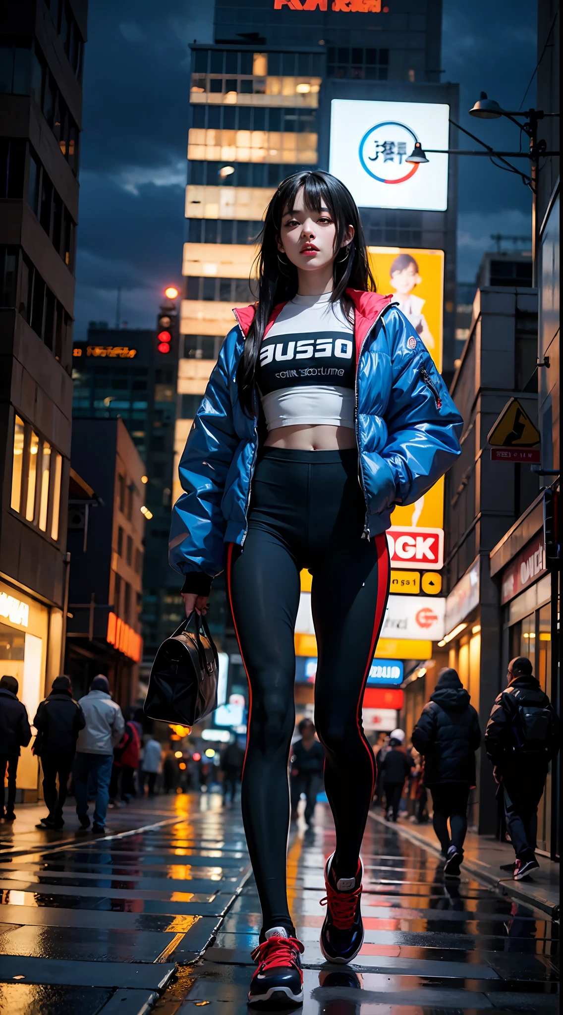 Anime style, cyberpunk, city, night, black hair, long haircut,, sport clothes