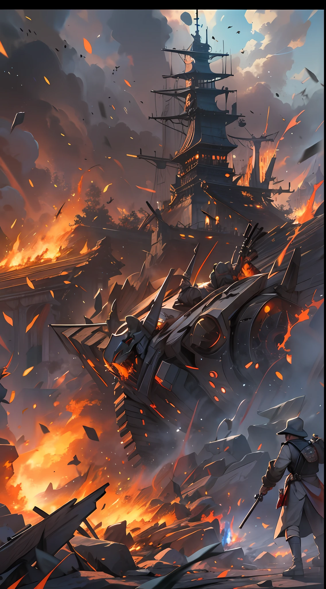 Despite the full counterattacks from two alliances and heroic spirits, they still feel a great threat, a battlefield filled with collisions of flames and energy, the air filled with the scent of gunpowder and electricity, , 32k, best quality, masterpiece, super detail, high details,