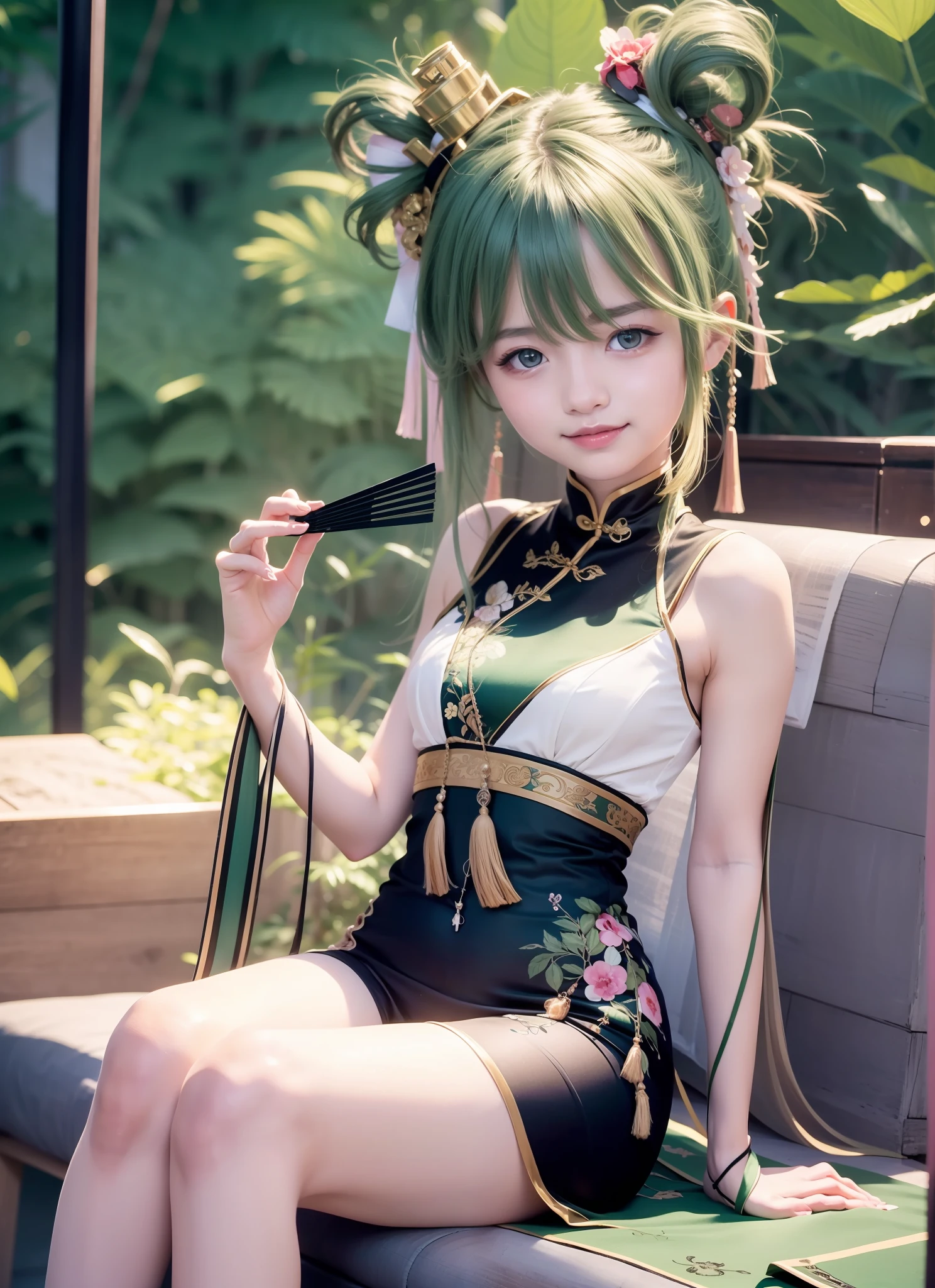 1 girl, sitting on the sofa, smiling, forest background, wearing a green short Chinese dress, Green hair, holding a fan, masterpiece, UHD